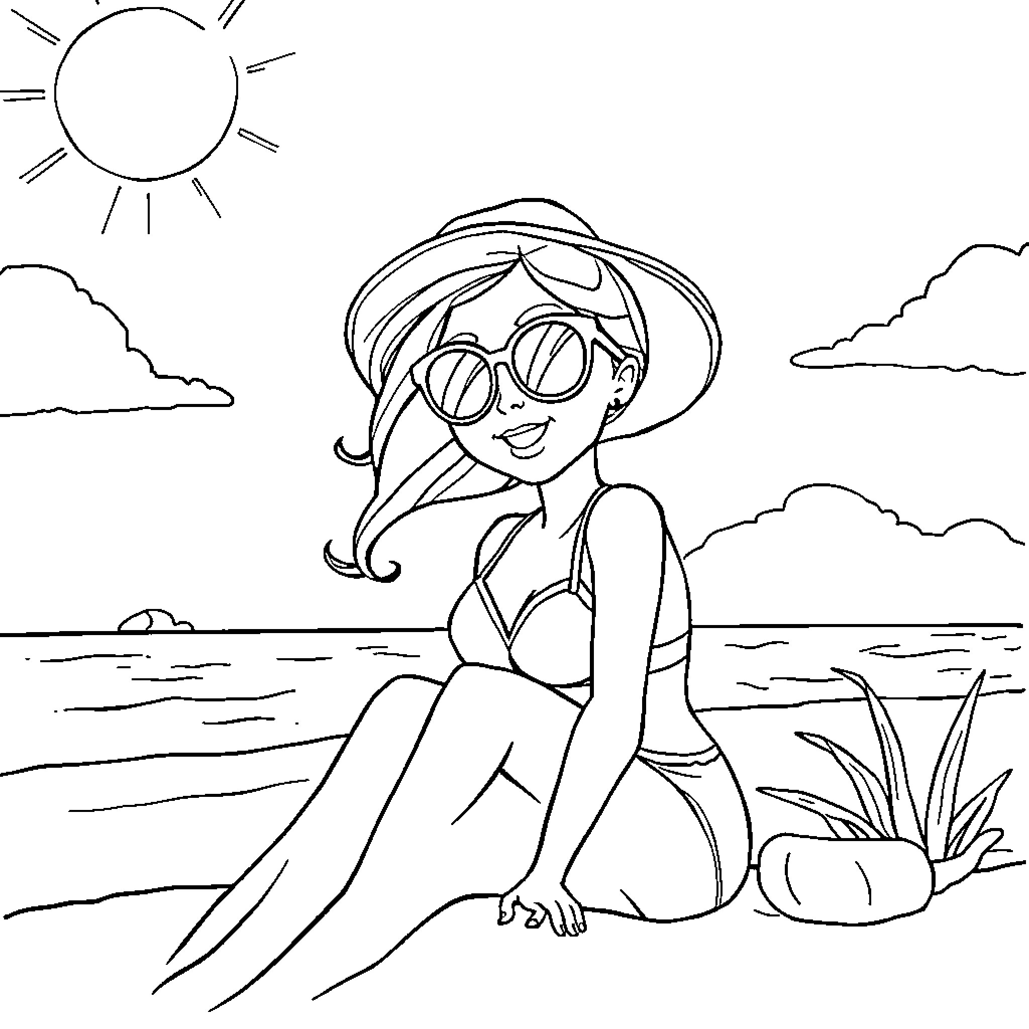 Barbie enjoys the sunny beach Coloring Page (free black-and-white line drawing printable PDF for all, from beginners to advanced learners, including children, teens, adults, and seniors)