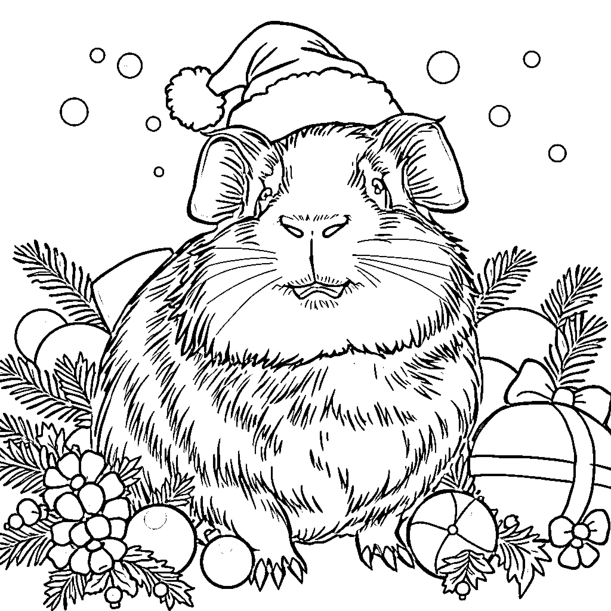 Guinea Pig wearing a Santa hat in a festive scene Coloring Page (free black-and-white line drawing printable PDF for all, from beginners to advanced learners, including children, teens, adults, and seniors)
