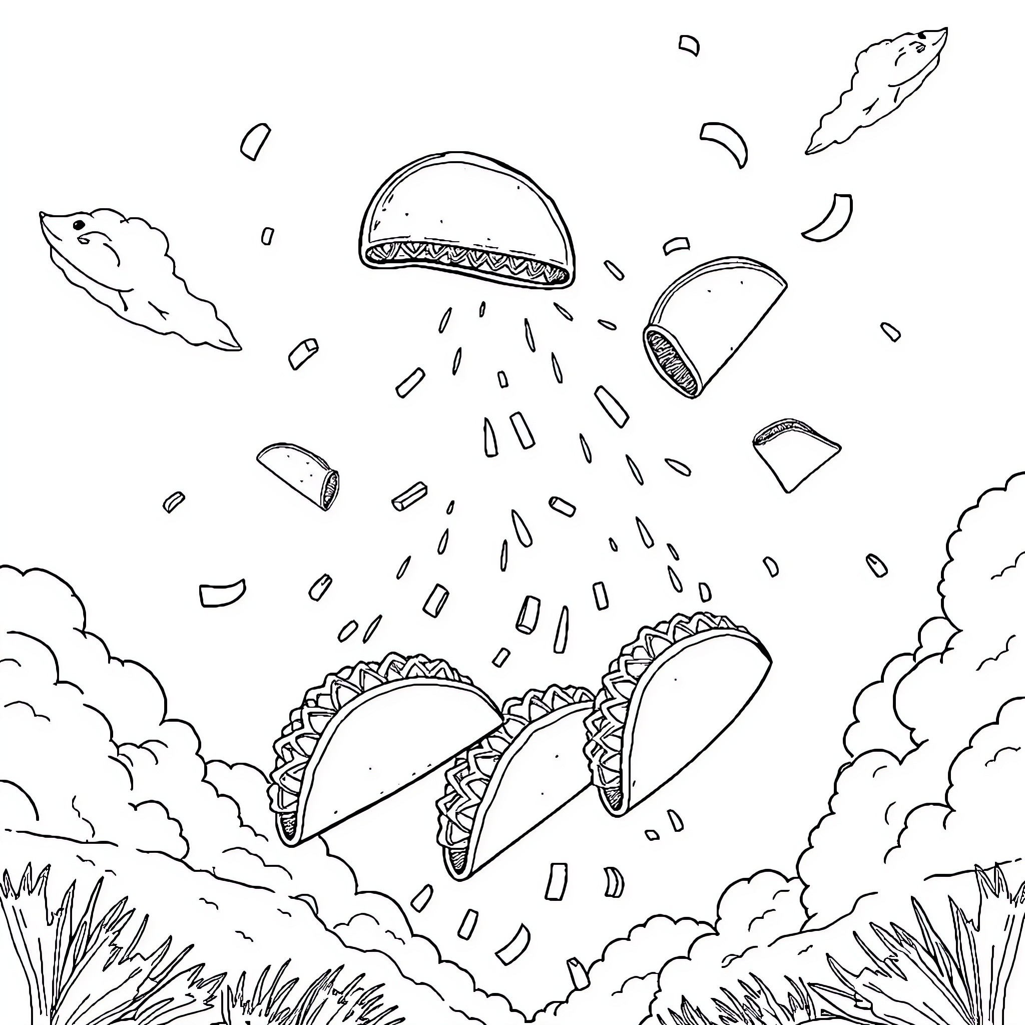 Taco flying through the sky with tasty toppings Coloring Page (free black-and-white line drawing printable PDF for all, from beginners to advanced learners, including children, teens, adults, and seniors)