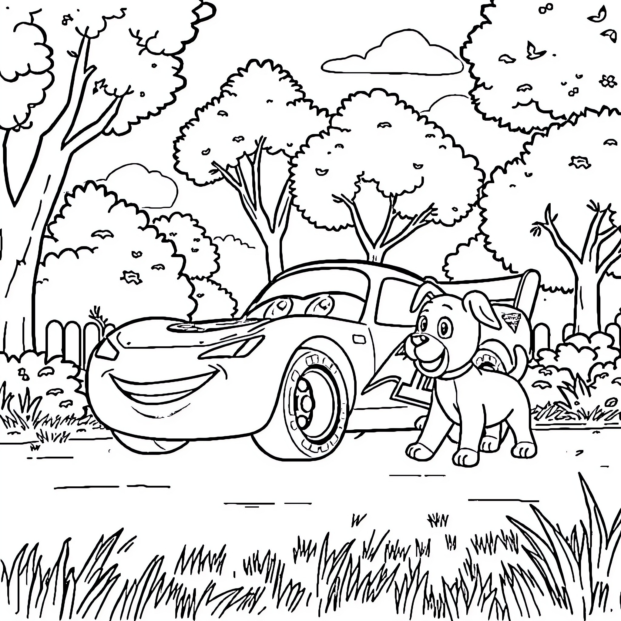 Rayo McQueen with cheerful dog in forest Coloring Page (free black-and-white line drawing printable PDF for all, from beginners to advanced learners, including children, teens, adults, and seniors)