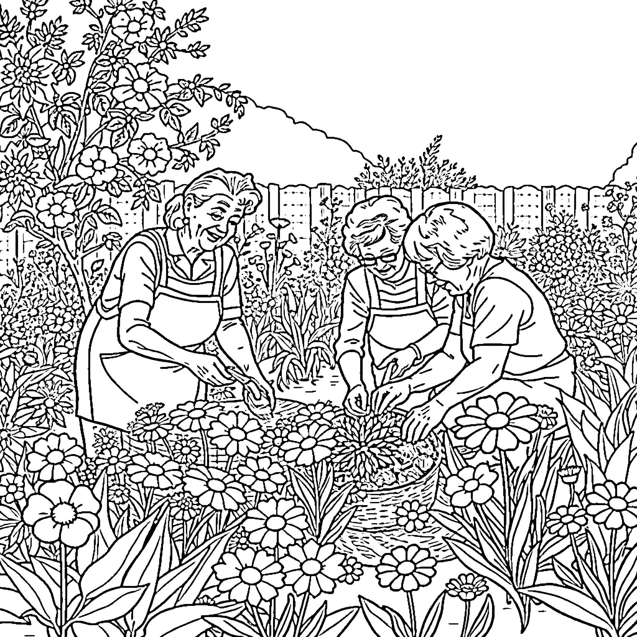 Lady Gardeners Tending to Vibrant Floral Garden Coloring Page (free black-and-white line drawing printable PDF for all, from beginners to advanced learners, including children, teens, adults, and seniors)