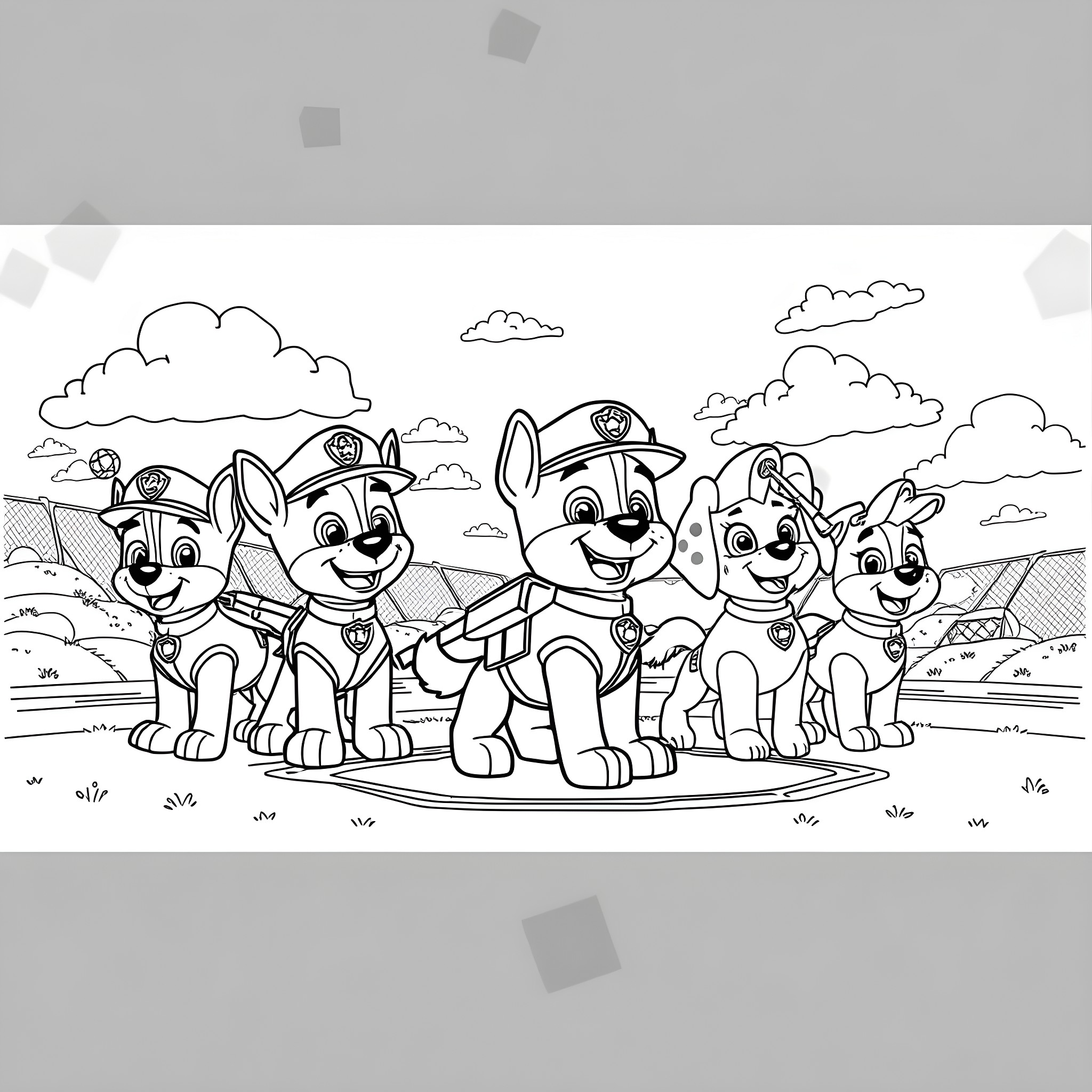 Paw Patrol pups on duty in the park Coloring Page (free black-and-white line drawing printable PDF for all, from beginners to advanced learners, including children, teens, adults, and seniors)