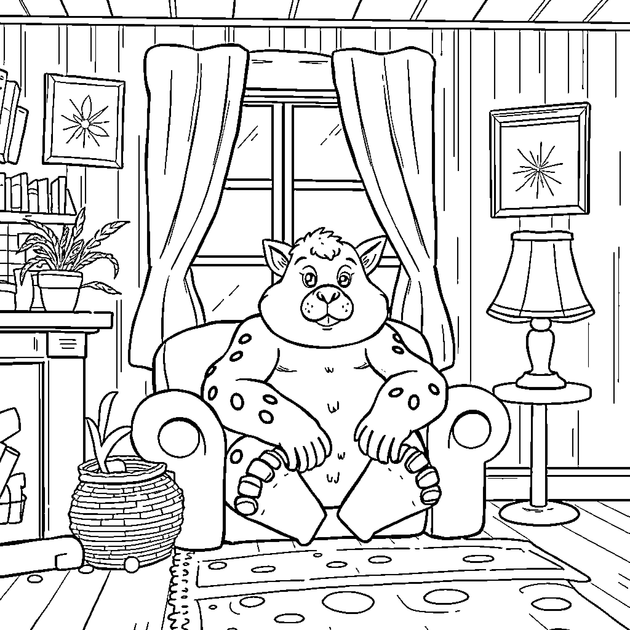 Capybara relaxing comfortably in a cozy living room Coloring Page (free black-and-white line drawing printable PDF for all, from beginners to advanced learners, including children, teens, adults, and seniors)
