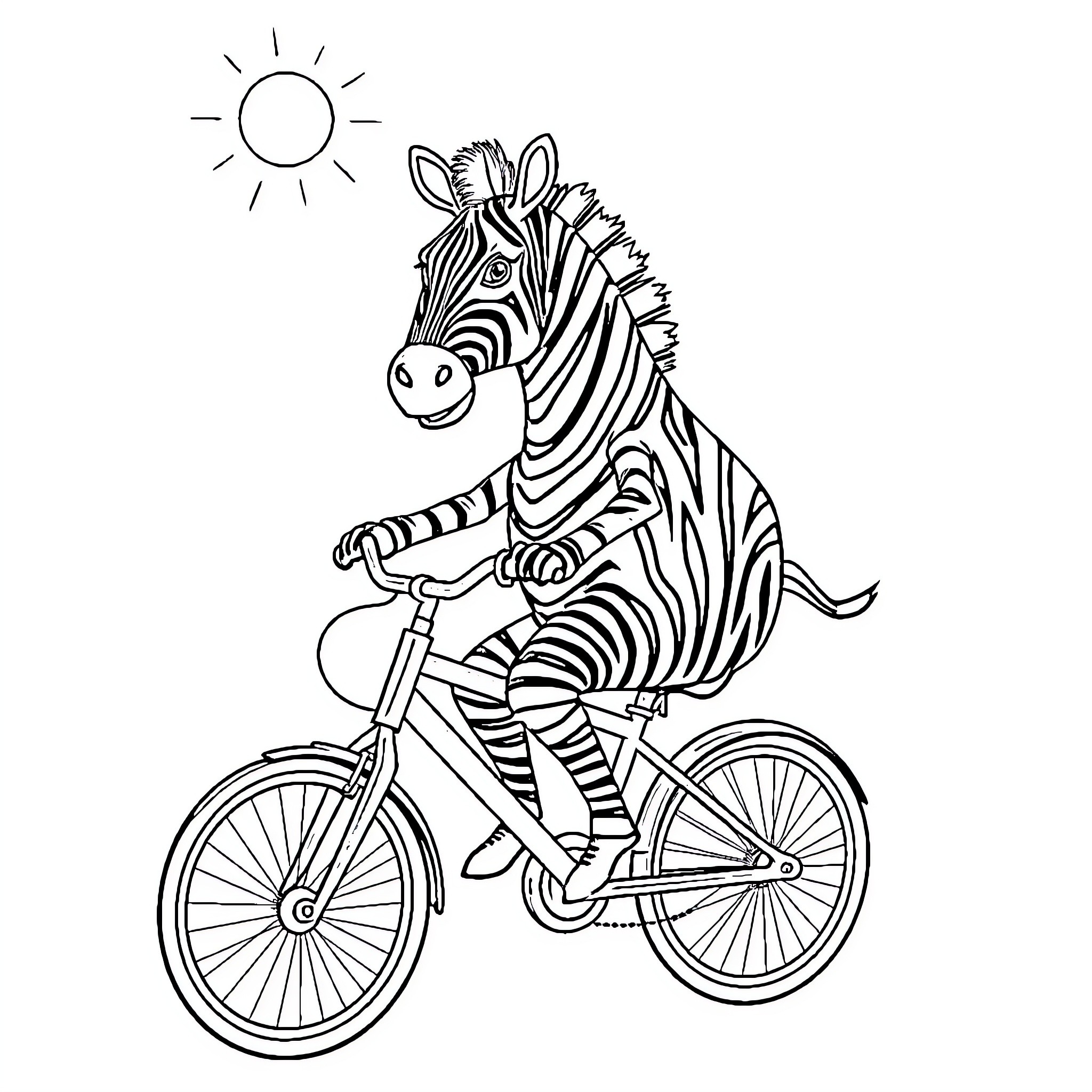Zebra riding a bicycle under the sun Coloring Page (free black-and-white line drawing printable PDF for all, from beginners to advanced learners, including children, teens, adults, and seniors)