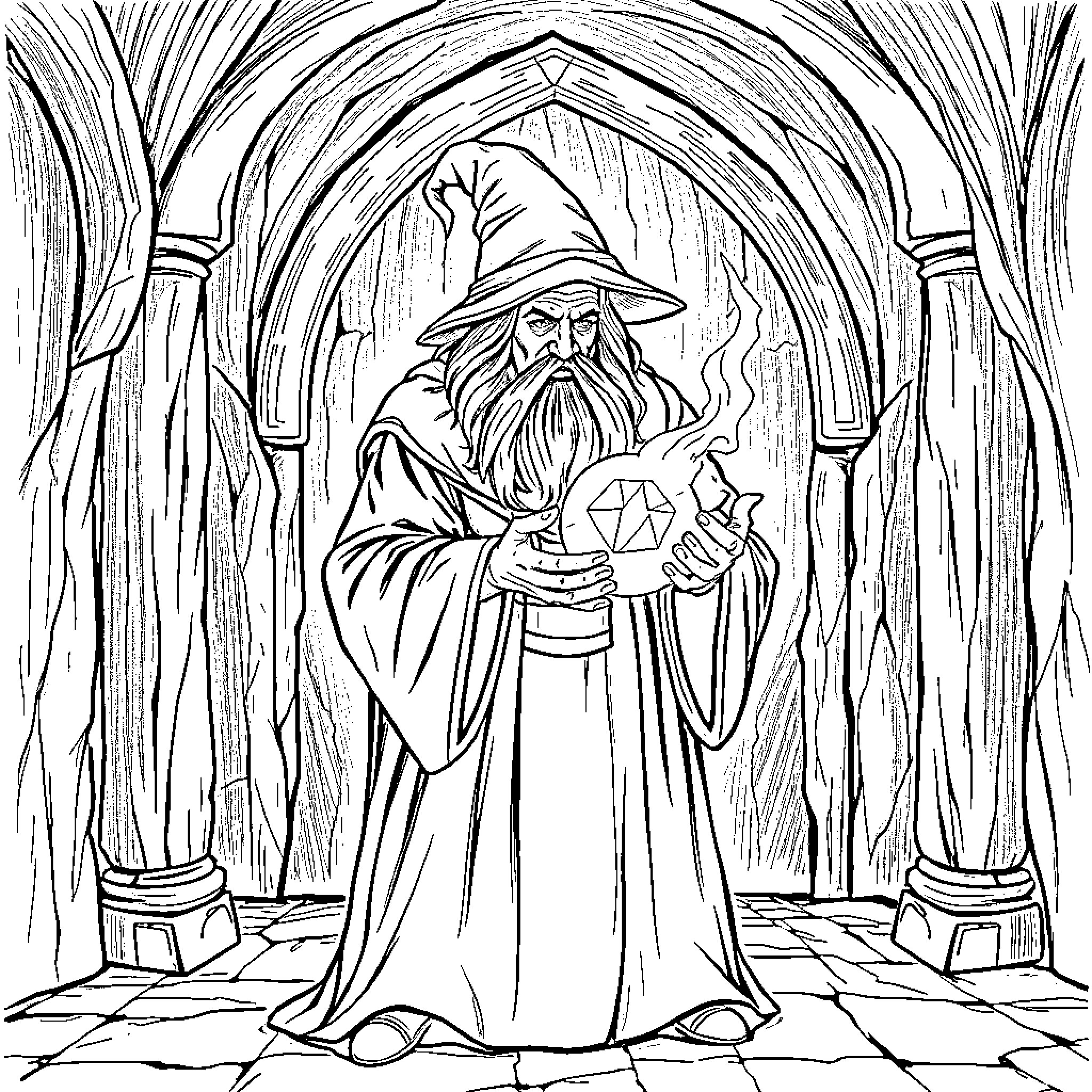 Wizard Performing Magical Ritual in Ornate Chamber Coloring Page (free black-and-white line drawing printable PDF for all, from beginners to advanced learners, including children, teens, adults, and seniors)