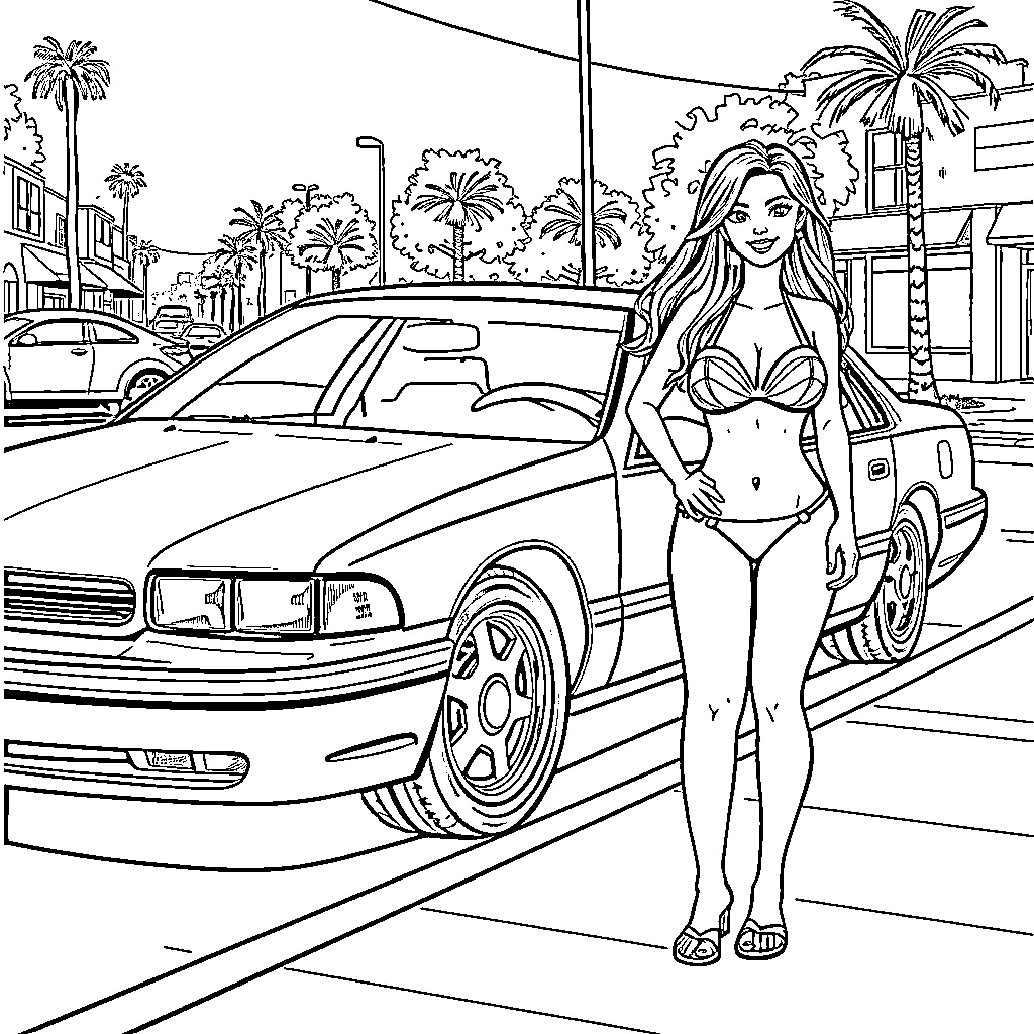 Impala posing confidently with sports car on city street Coloring Page (free black-and-white line drawing printable PDF for all, from beginners to advanced learners, including children, teens, adults, and seniors)