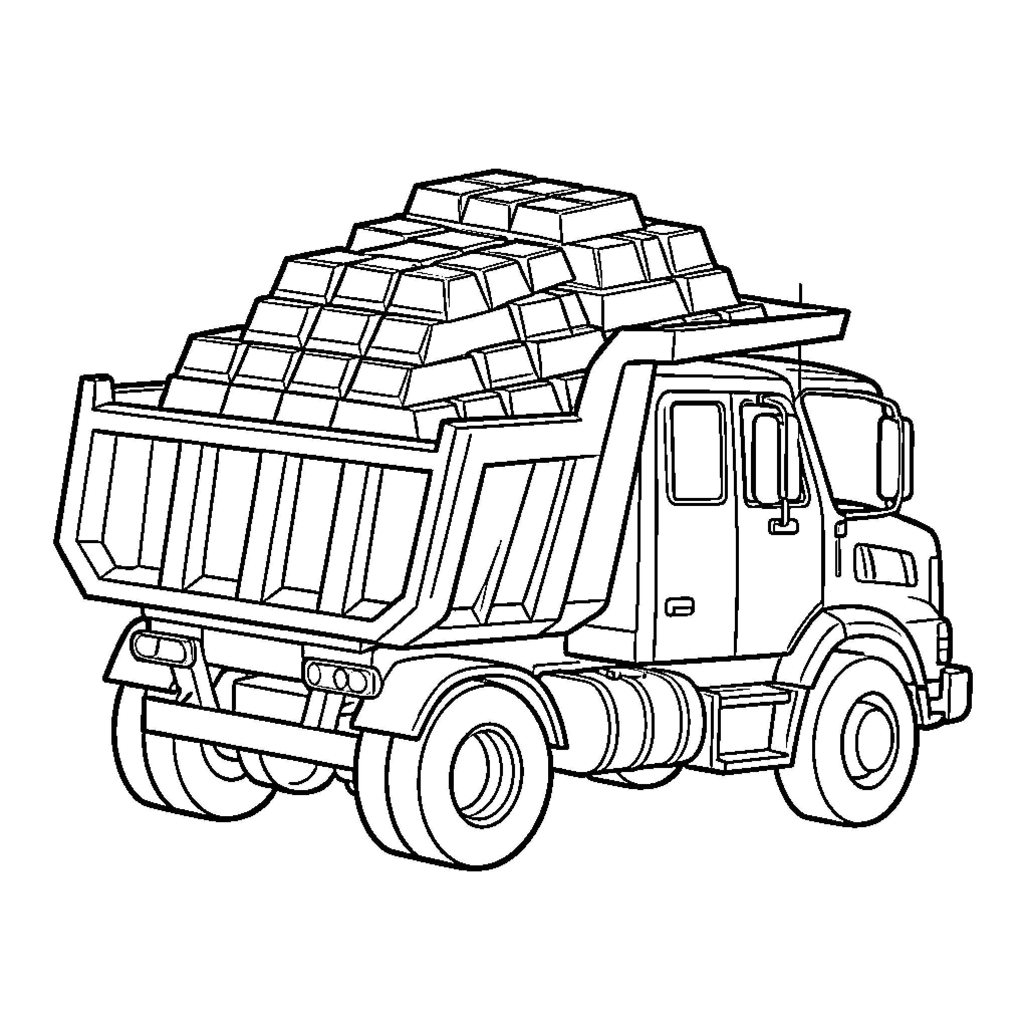 Dump Truck carrying heavy rectangular blocks in a load Coloring Page (free black-and-white line drawing printable PDF for all, from beginners to advanced learners, including children, teens, adults, and seniors)