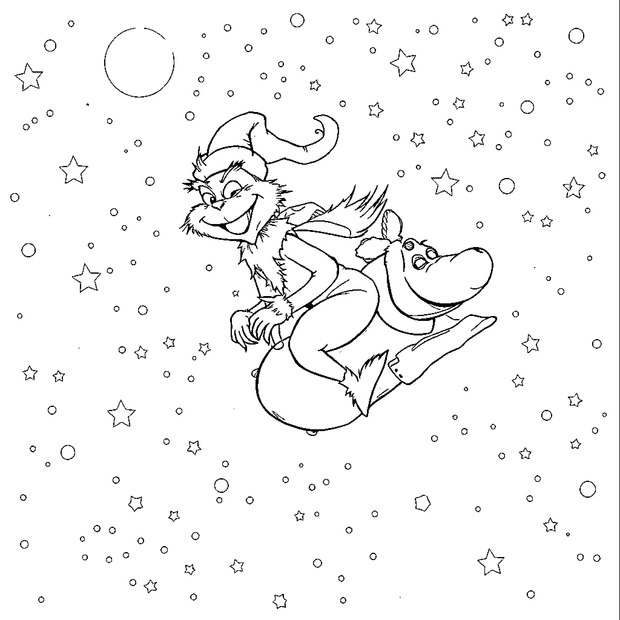 Grinch joyfully riding a snowball through starry night Coloring Page (free black-and-white line drawing printable PDF for all, from beginners to advanced learners, including children, teens, adults, and seniors)