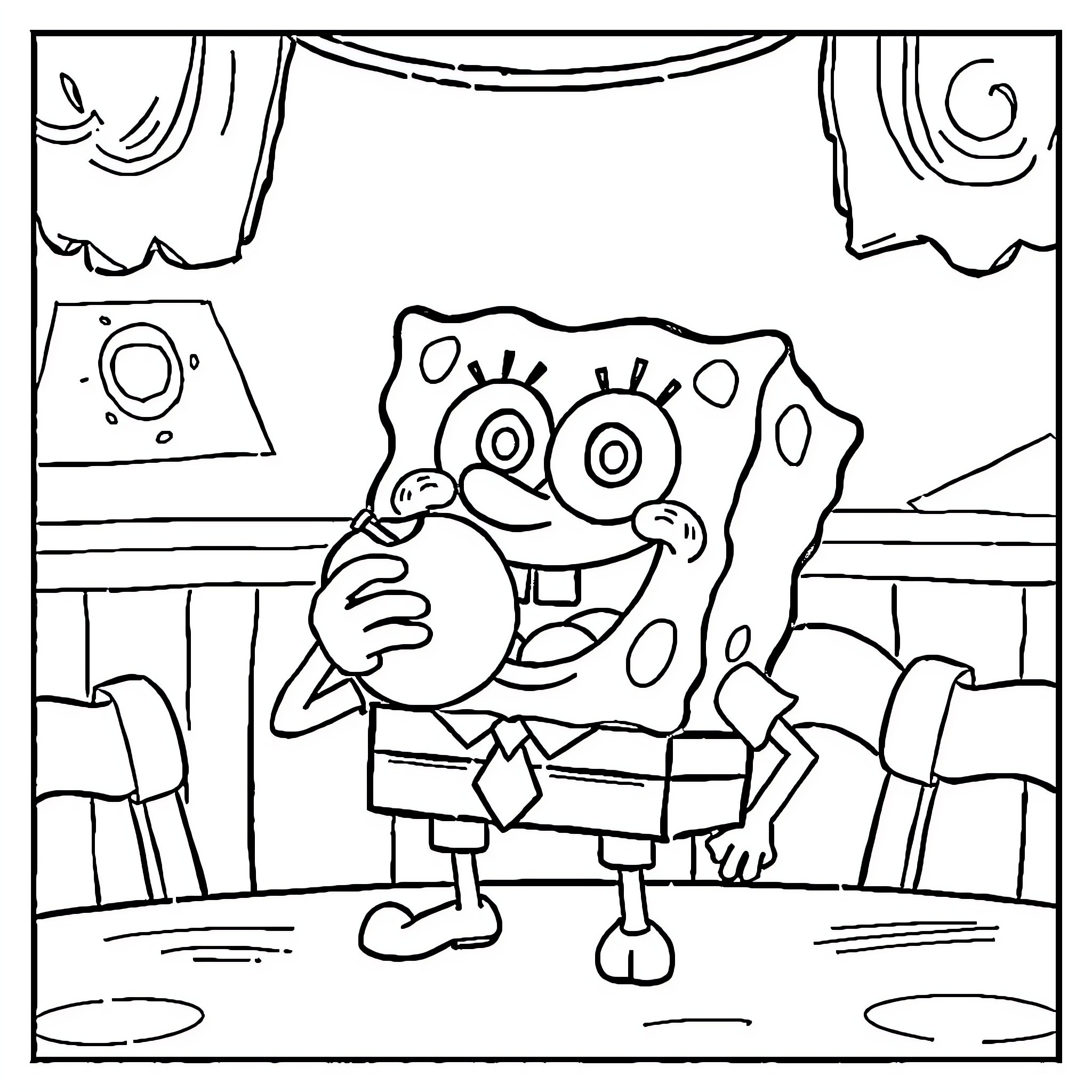 Spongebob in his home with sillly expression Coloring Page (free black-and-white line drawing printable PDF for all, from beginners to advanced learners, including children, teens, adults, and seniors)