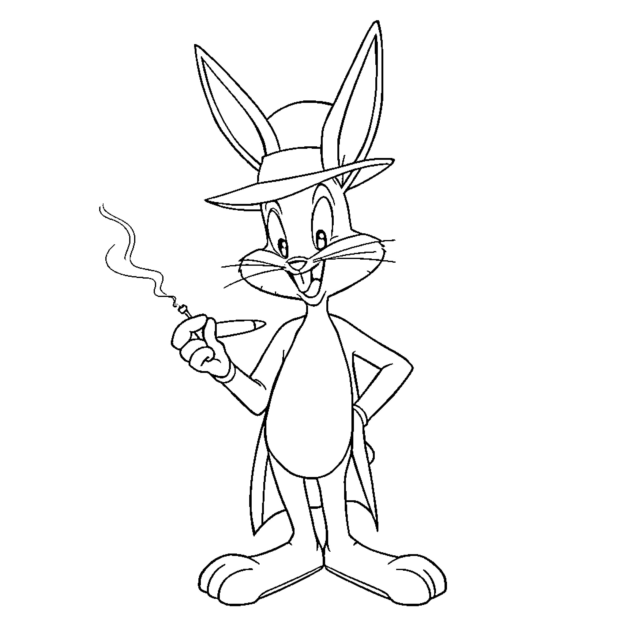 Bugs Bunny with cigar and hat Coloring Page (free black-and-white line drawing printable PDF for all, from beginners to advanced learners, including children, teens, adults, and seniors)