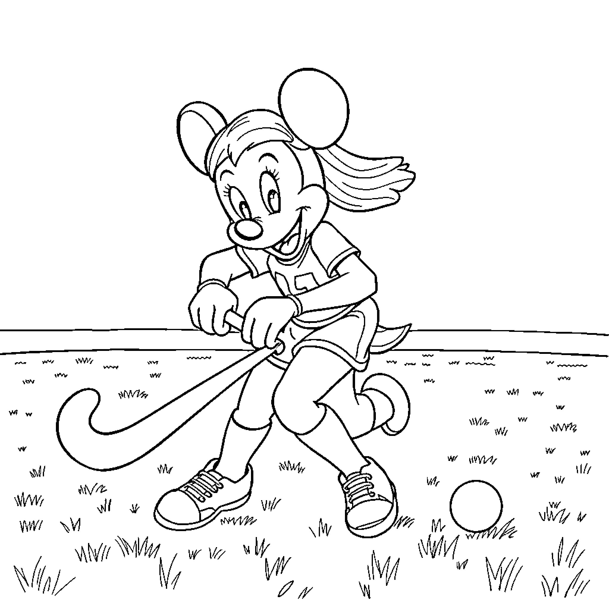Disney Character playing with a ball in the grass Coloring Page (free black-and-white line drawing printable PDF for all, from beginners to advanced learners, including children, teens, adults, and seniors)