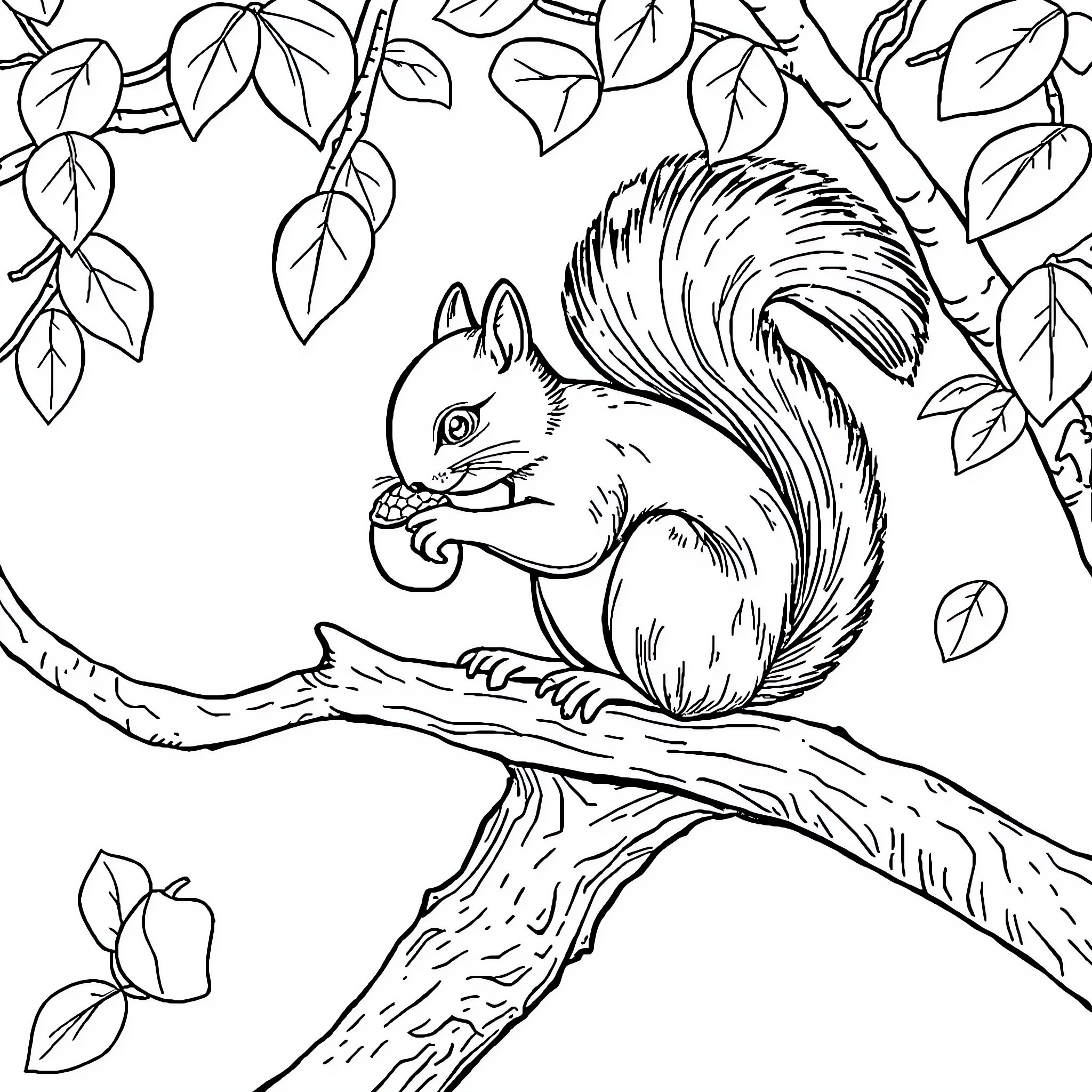Squirrel eating nut on tree branch Coloring Page (free black-and-white line drawing printable PDF for all, from beginners to advanced learners, including children, teens, adults, and seniors)