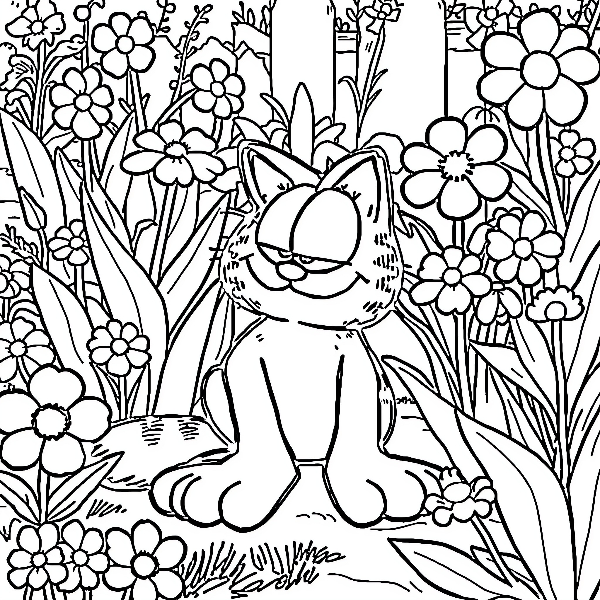 Garfield relaxing in a floral garden Coloring Page (free black-and-white line drawing printable PDF for all, from beginners to advanced learners, including children, teens, adults, and seniors)
