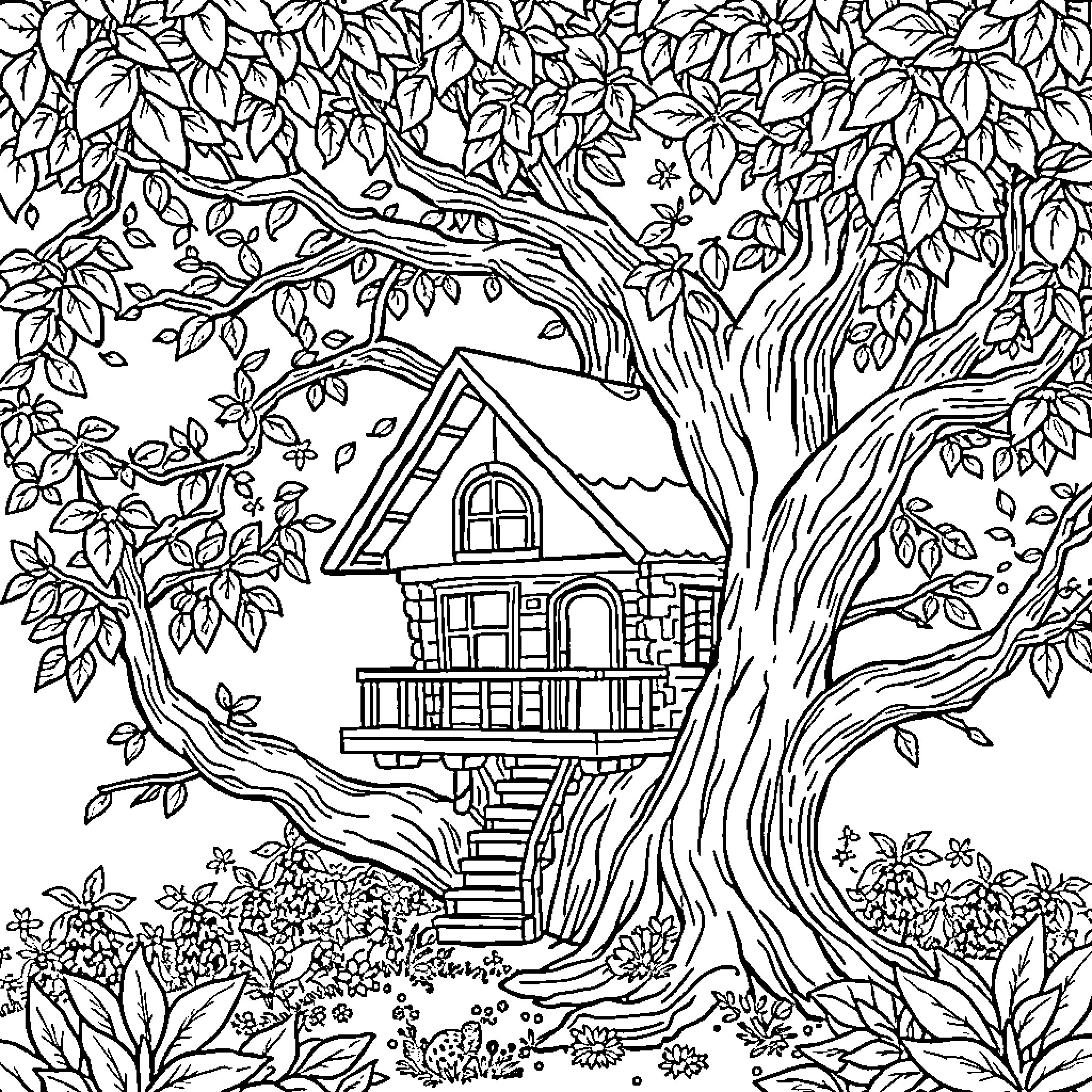 Tree House in Lush Forest Surroundings Coloring Page (free black-and-white line drawing printable PDF for all, from beginners to advanced learners, including children, teens, adults, and seniors)