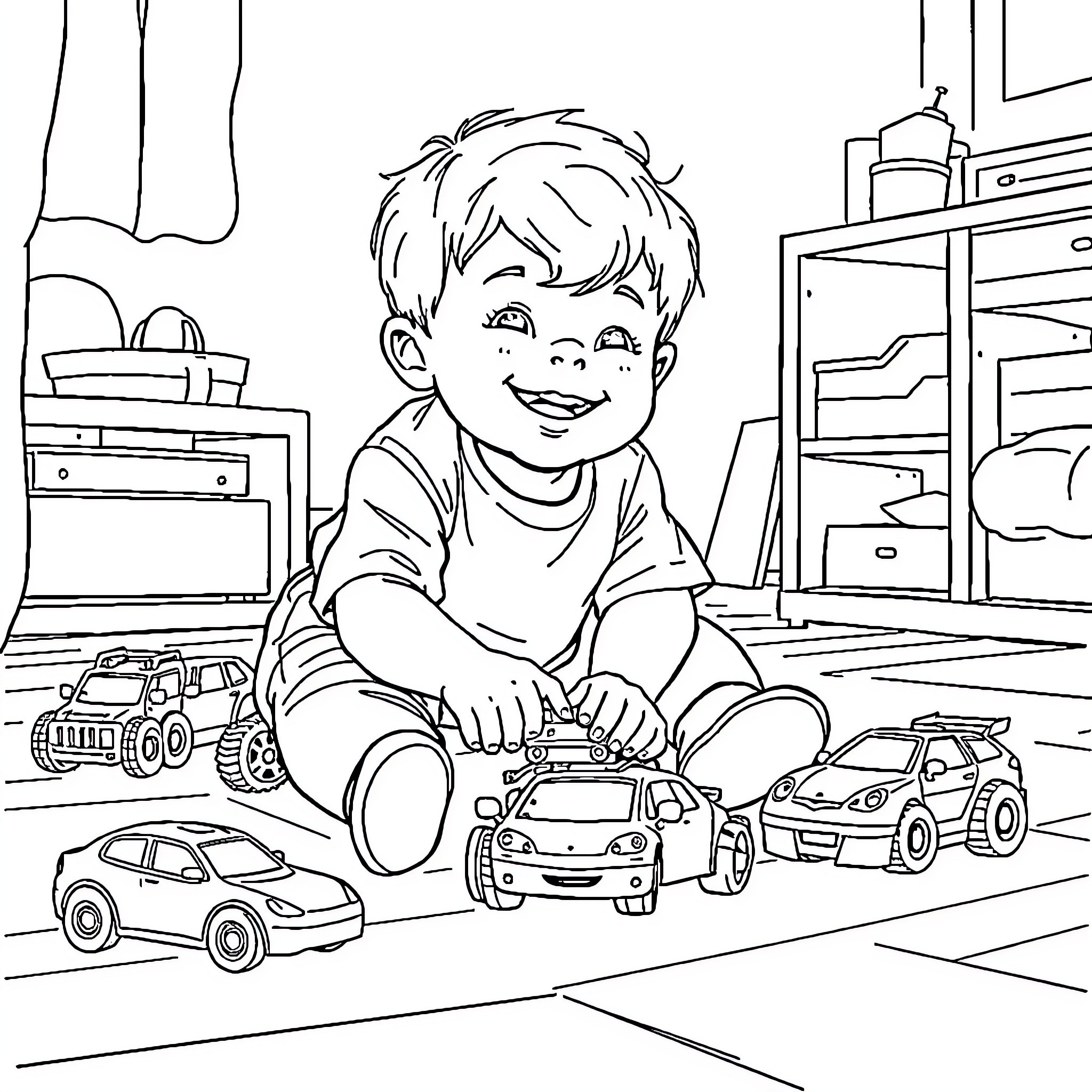Boy joyfully playing with toy cars in his room Coloring Page (free black-and-white line drawing printable PDF for all, from beginners to advanced learners, including children, teens, adults, and seniors)