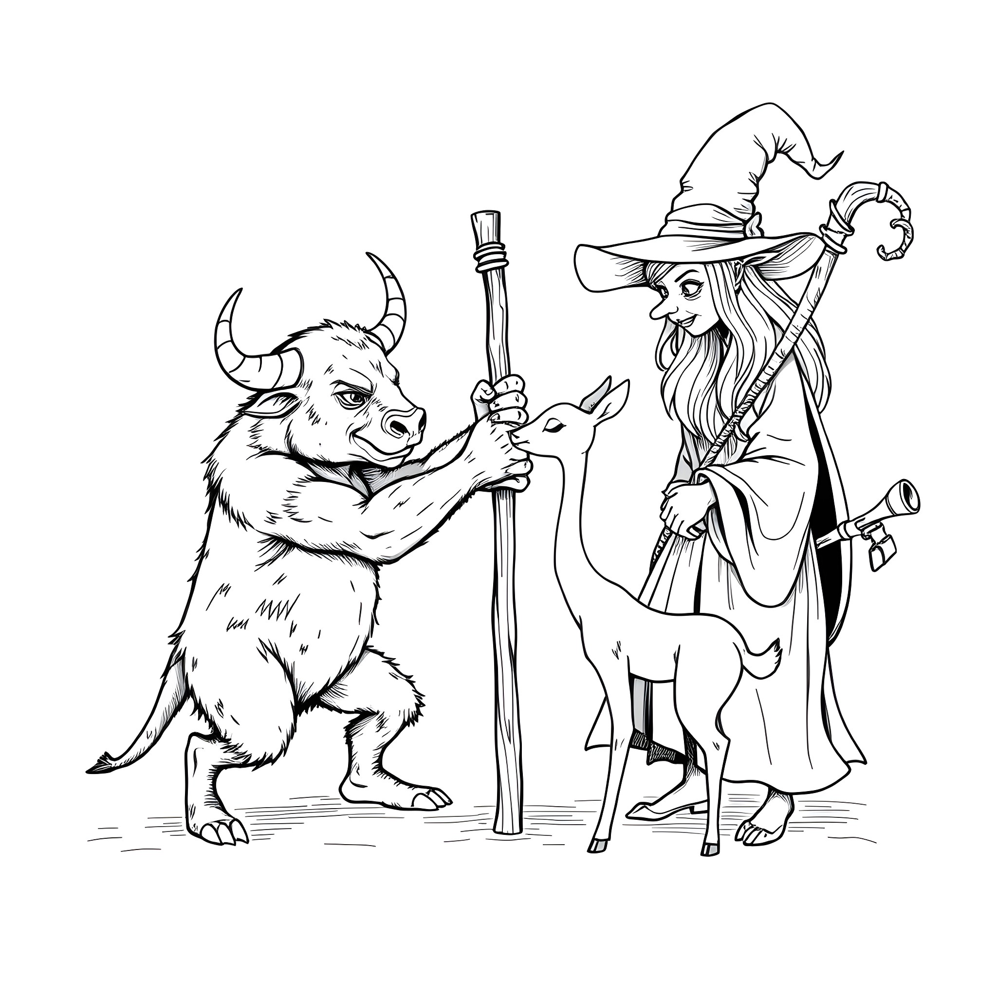 Minitour of fantastical characters and creatures Coloring Page (free black-and-white line drawing printable PDF for all, from beginners to advanced learners, including children, teens, adults, and seniors)