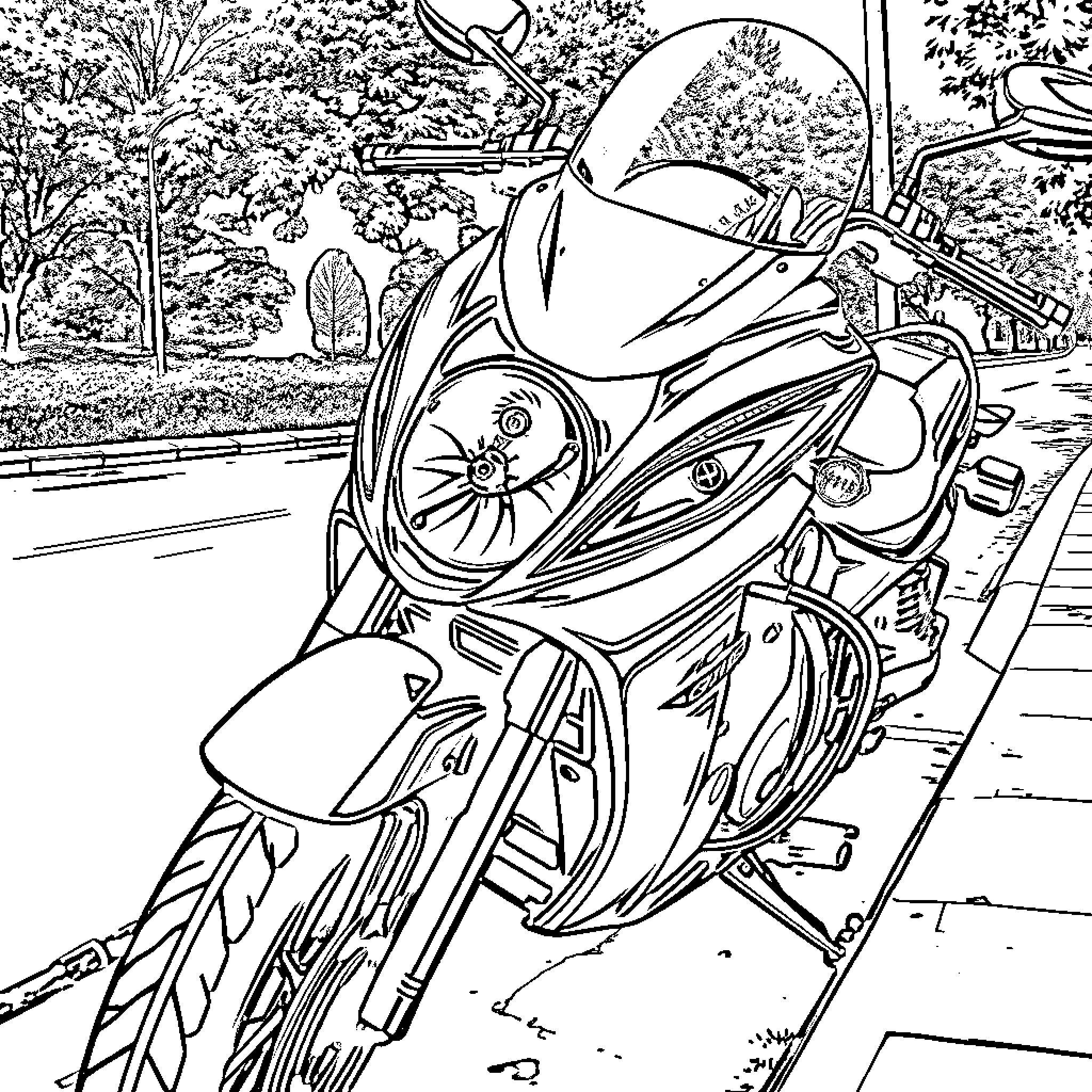 Motorbike on the road in nature Coloring Page (free black-and-white line drawing printable PDF for all, from beginners to advanced learners, including children, teens, adults, and seniors)