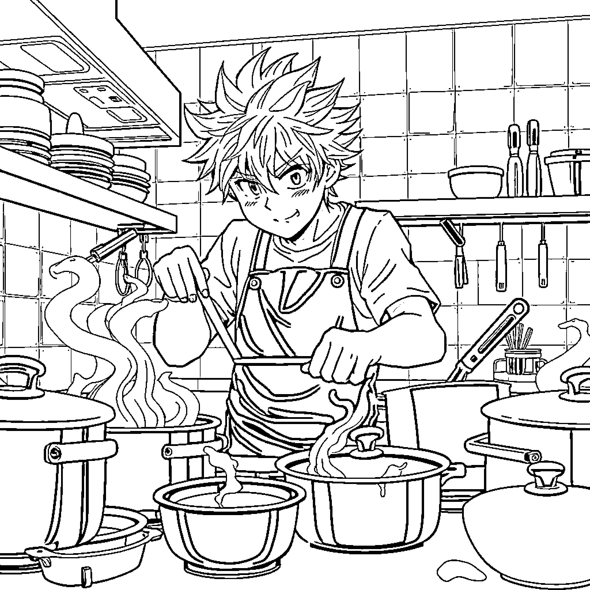 Bakugo cooking passionately in the kitchen Coloring Page (free black-and-white line drawing printable PDF for all, from beginners to advanced learners, including children, teens, adults, and seniors)