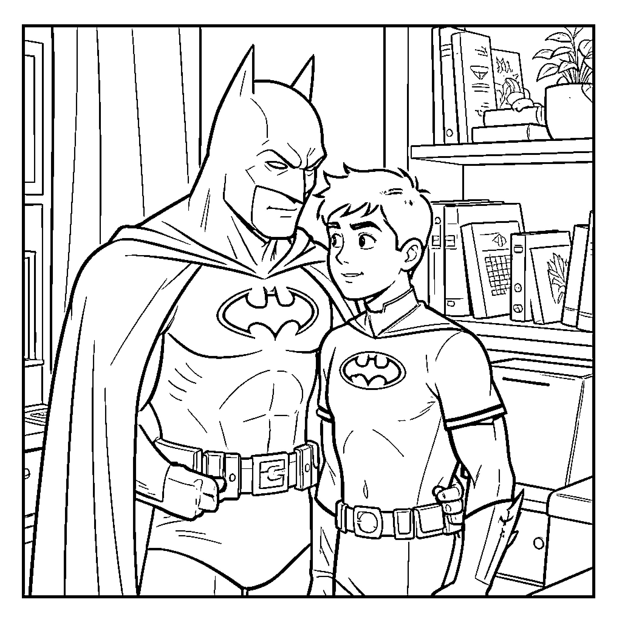 Batman standing beside a young Robin in a room Coloring Page (free black-and-white line drawing printable PDF for all, from beginners to advanced learners, including children, teens, adults, and seniors)