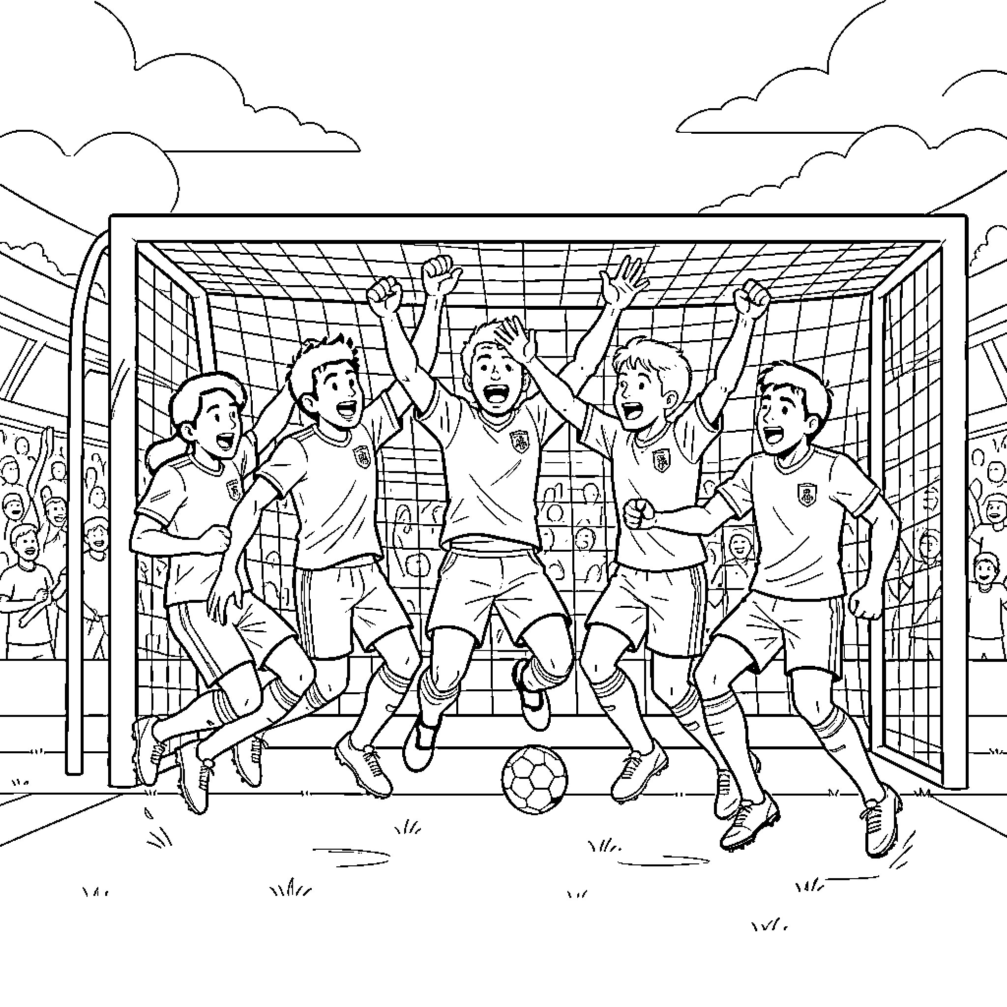 Soccer Player teammates celebrating a goal in front of net Coloring Page (free black-and-white line drawing printable PDF for all, from beginners to advanced learners, including children, teens, adults, and seniors)