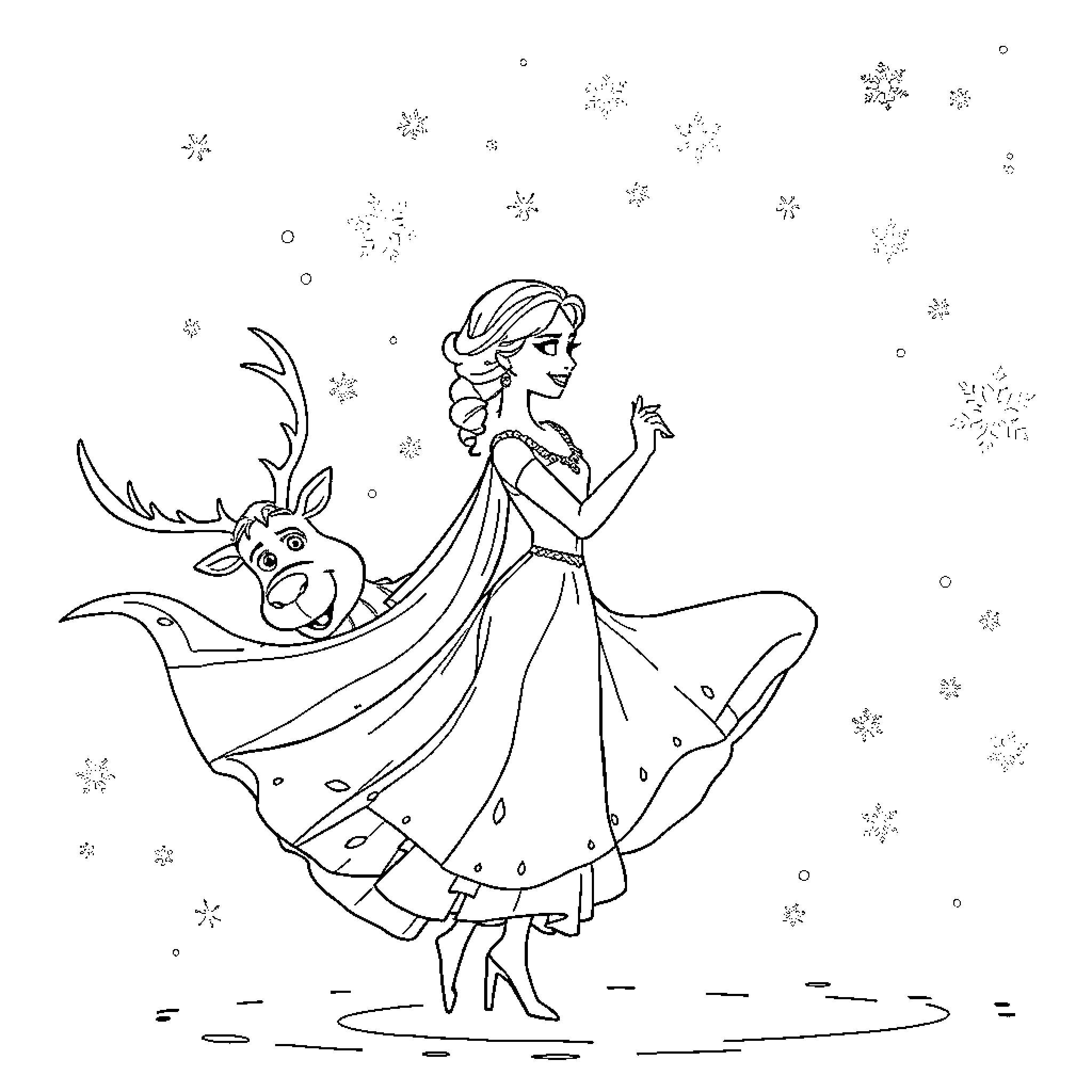 Elsa's Magical Moment with a Reindeer Companion Coloring Page (free black-and-white line drawing printable PDF for all, from beginners to advanced learners, including children, teens, adults, and seniors)