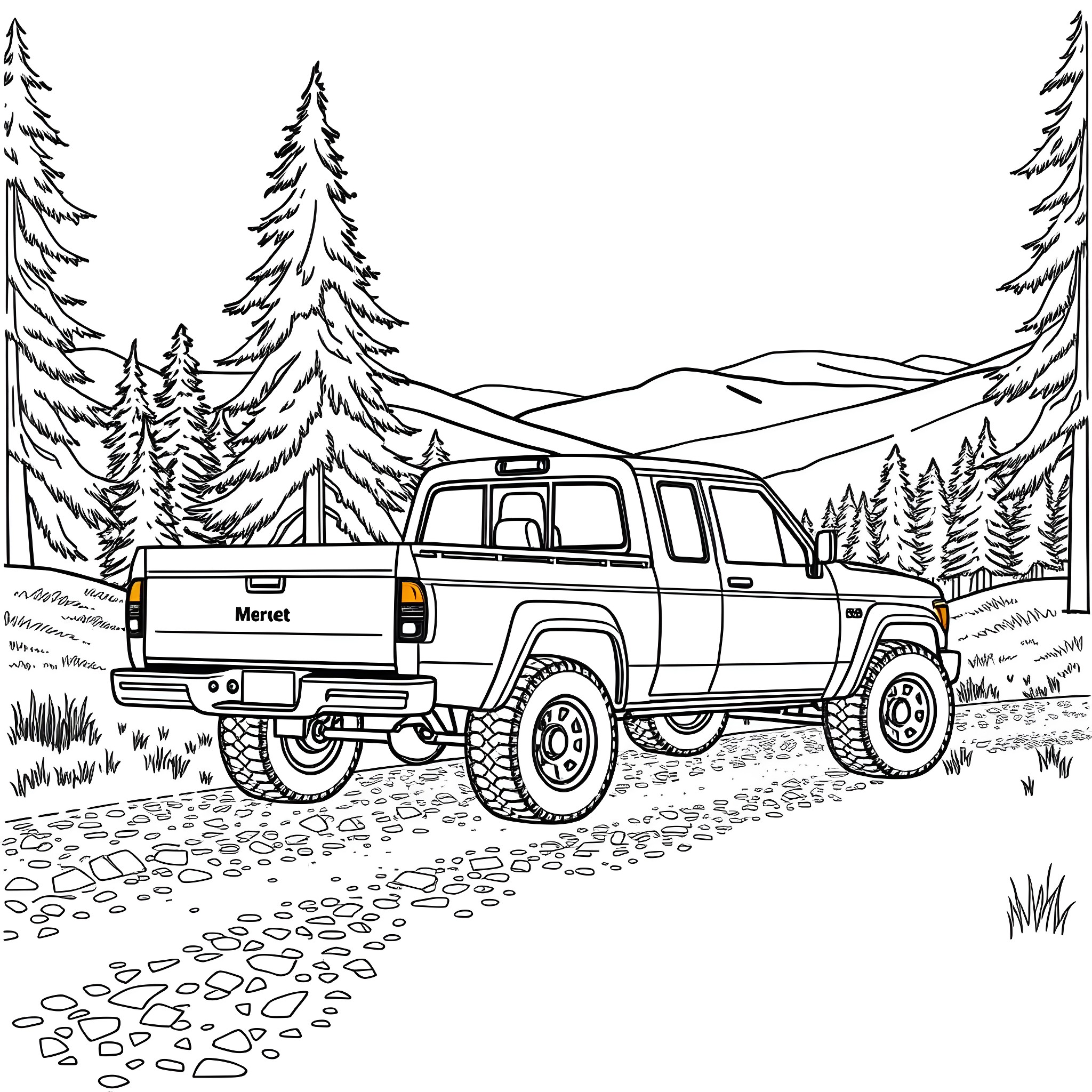 Pick Up Truck Parked in the Wilderness Coloring Page (free black-and-white line drawing printable PDF for all, from beginners to advanced learners, including children, teens, adults, and seniors)