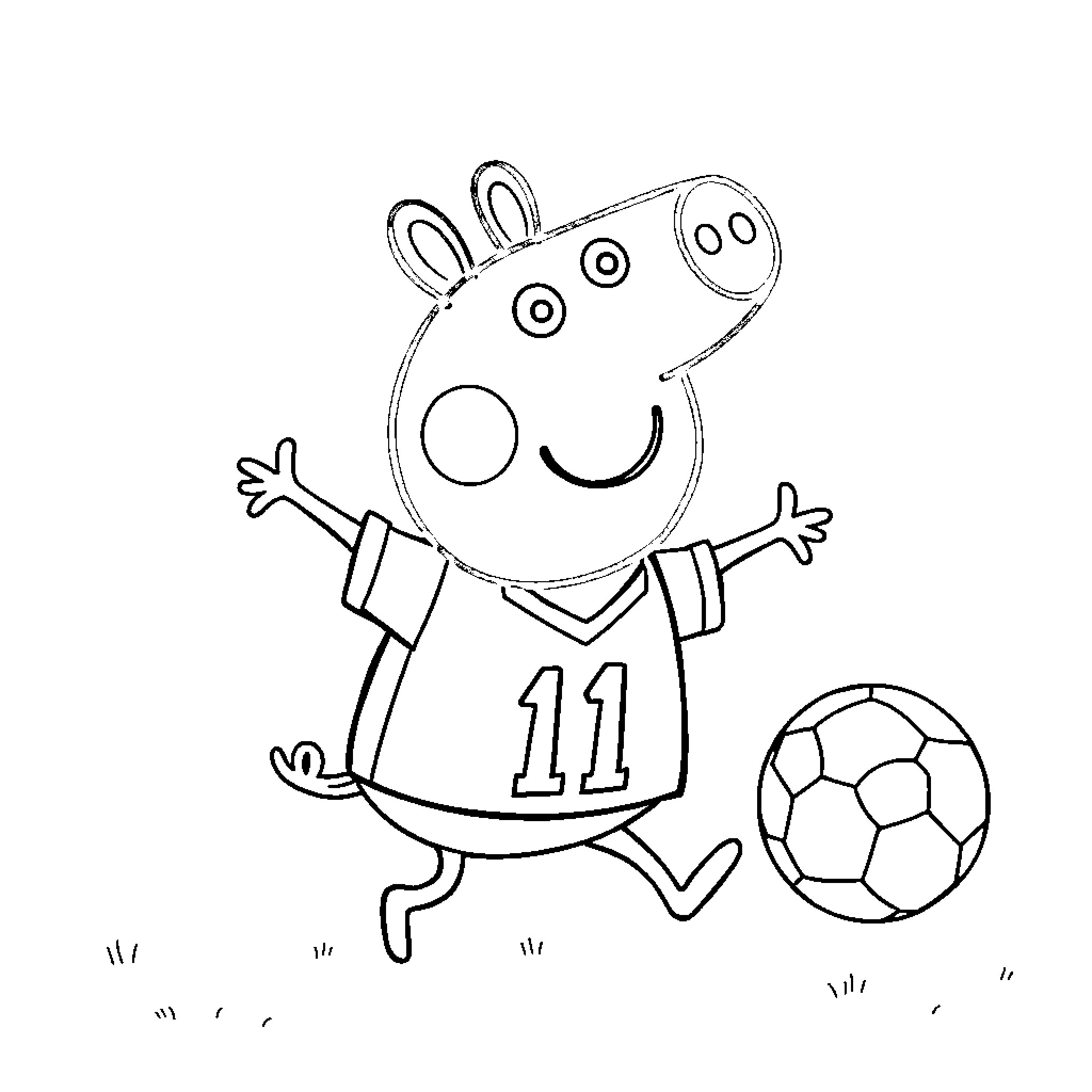 Pepa playing soccer happily with ball Coloring Page (free black-and-white line drawing printable PDF for all, from beginners to advanced learners, including children, teens, adults, and seniors)