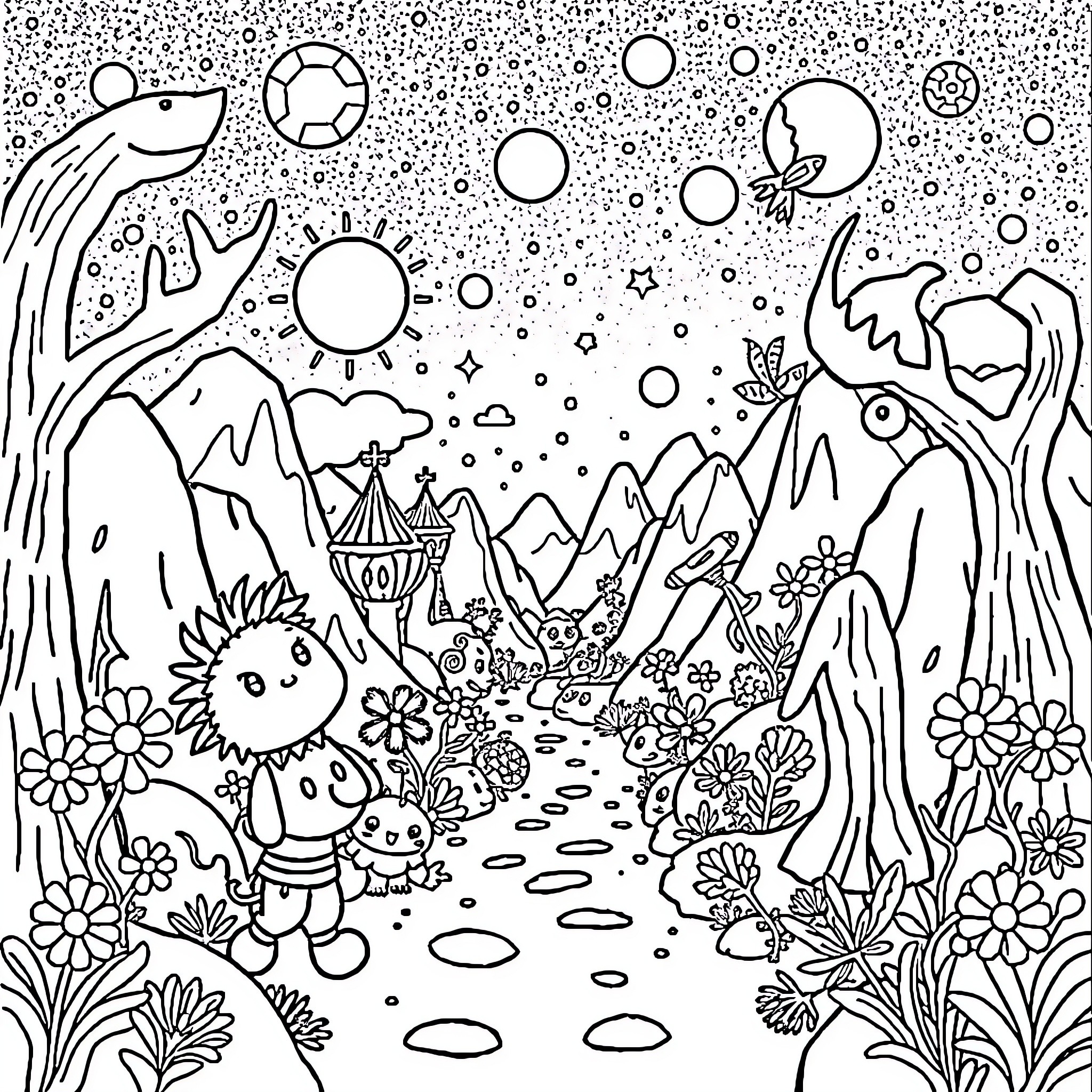 Dandy creatures on a whimsical adventure Coloring Page (free black-and-white line drawing printable PDF for all, from beginners to advanced learners, including children, teens, adults, and seniors)