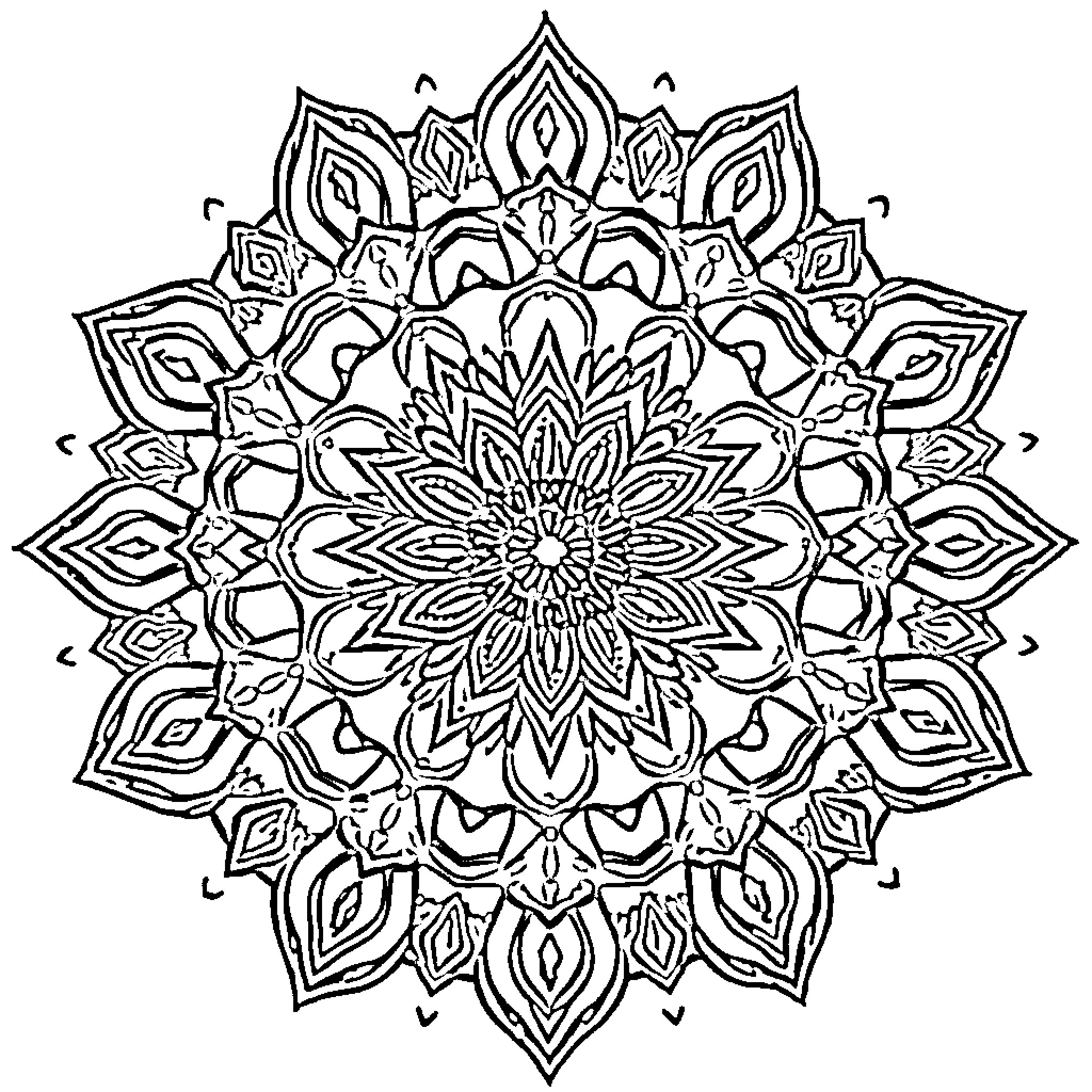 Mandala of intricate floral patterns Coloring Page (free black-and-white line drawing printable PDF for all, from beginners to advanced learners, including children, teens, adults, and seniors)