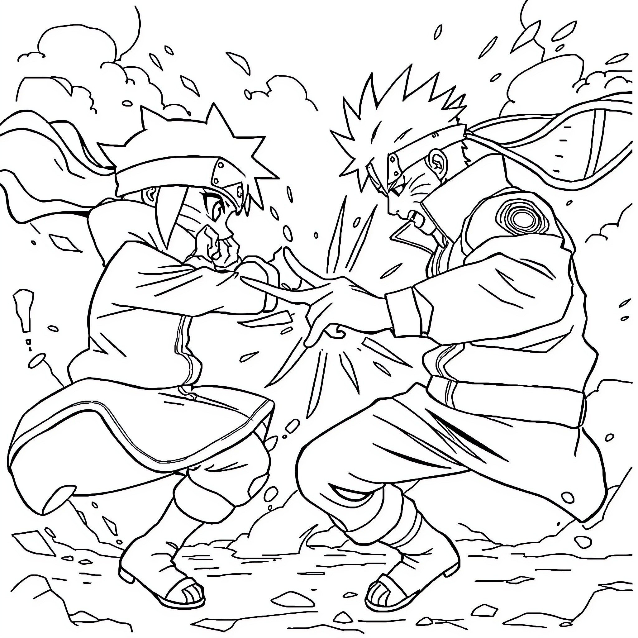 Sinchan and Naruto's energetic battle scene Coloring Page (free black-and-white line drawing printable PDF for all, from beginners to advanced learners, including children, teens, adults, and seniors)