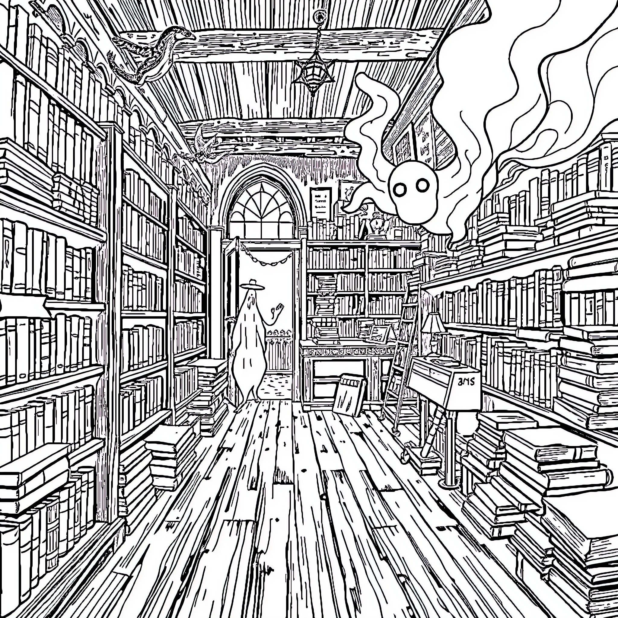 Bookshop filled with fantastical elements and literary abundance Coloring Page (free black-and-white line drawing printable PDF for all, from beginners to advanced learners, including children, teens, adults, and seniors)