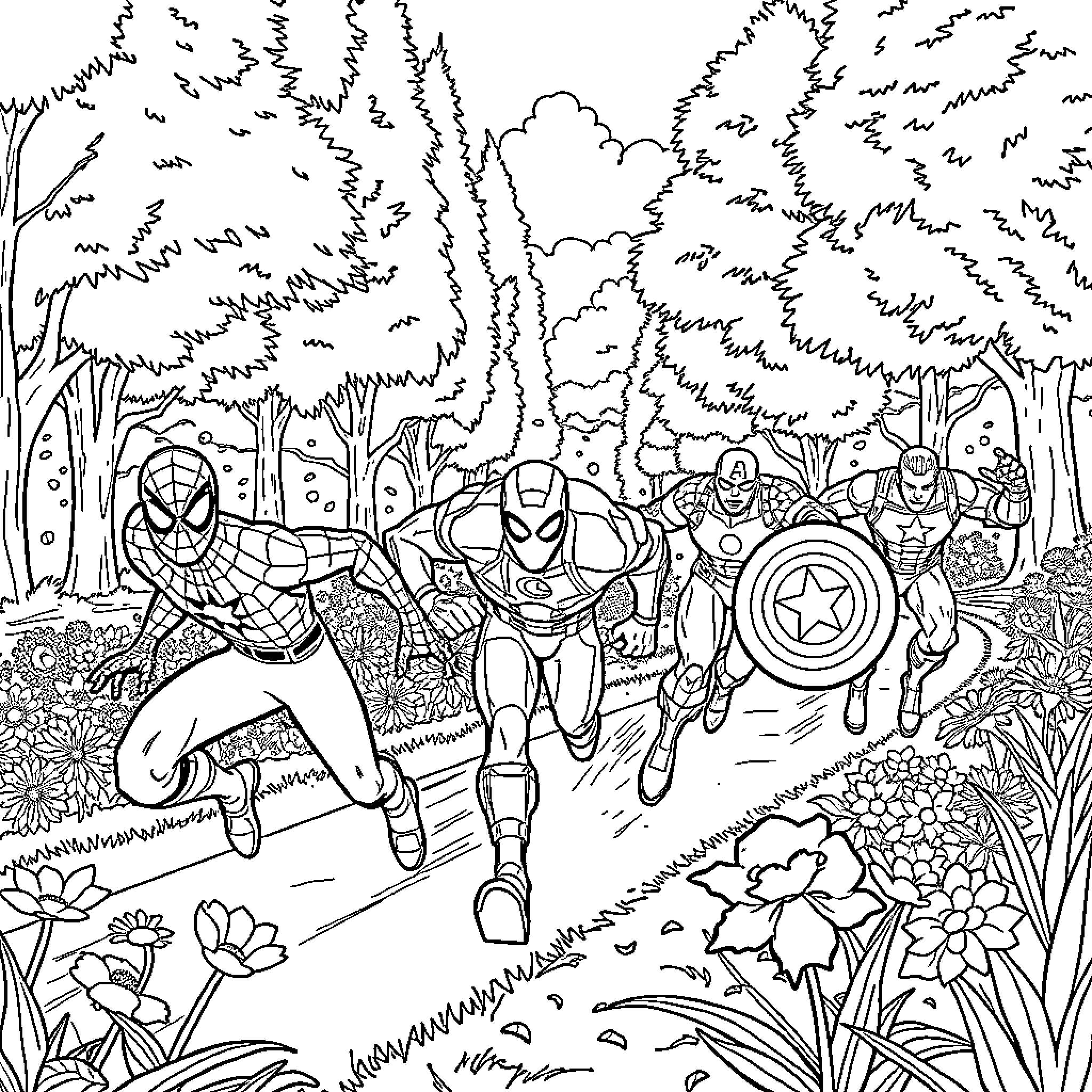 Marvel Superheroes in Heroic Action in Forest Landscape Coloring Page (free black-and-white line drawing printable PDF for all, from beginners to advanced learners, including children, teens, adults, and seniors)