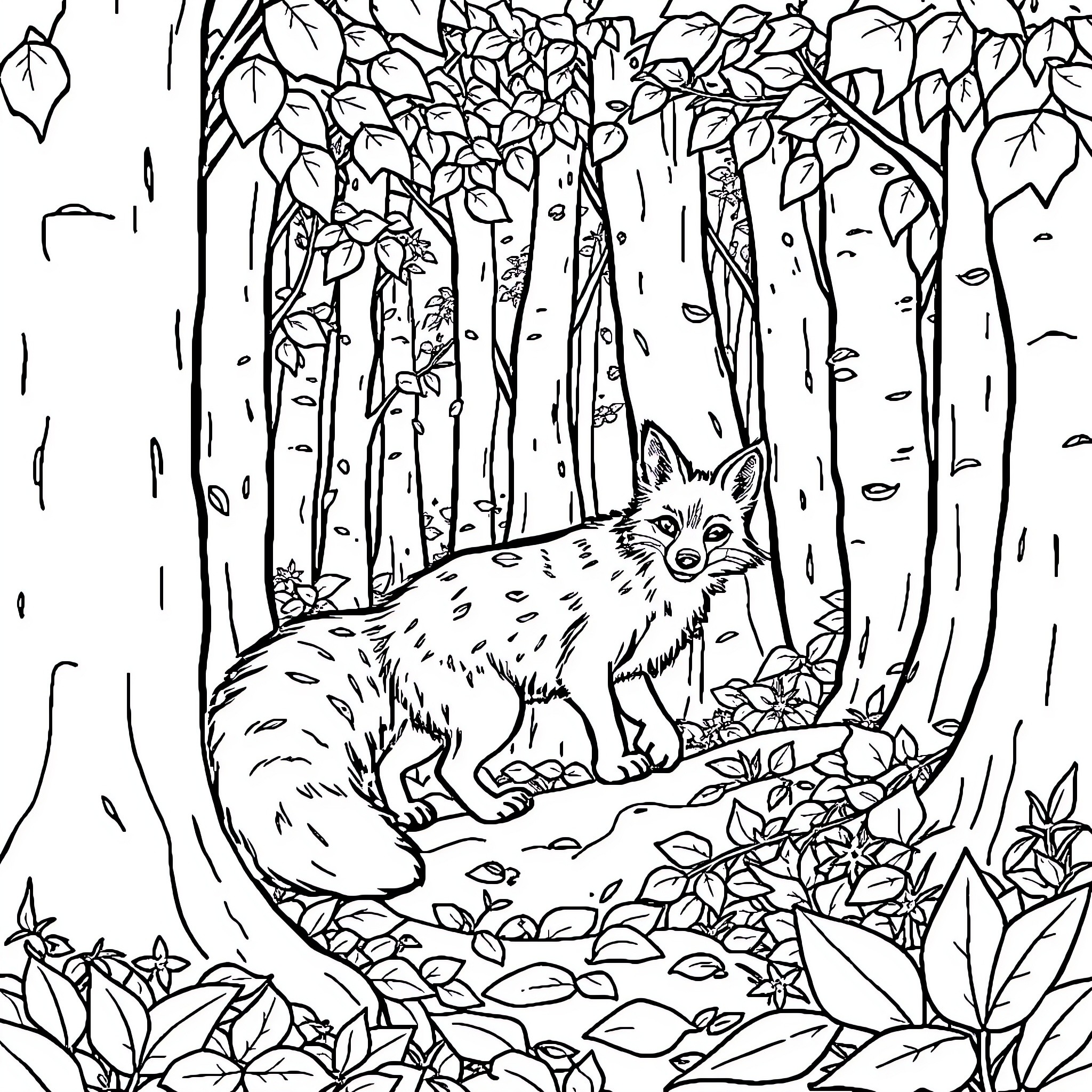 Fox exploring the forest foliage Coloring Page (free black-and-white line drawing printable PDF for all, from beginners to advanced learners, including children, teens, adults, and seniors)