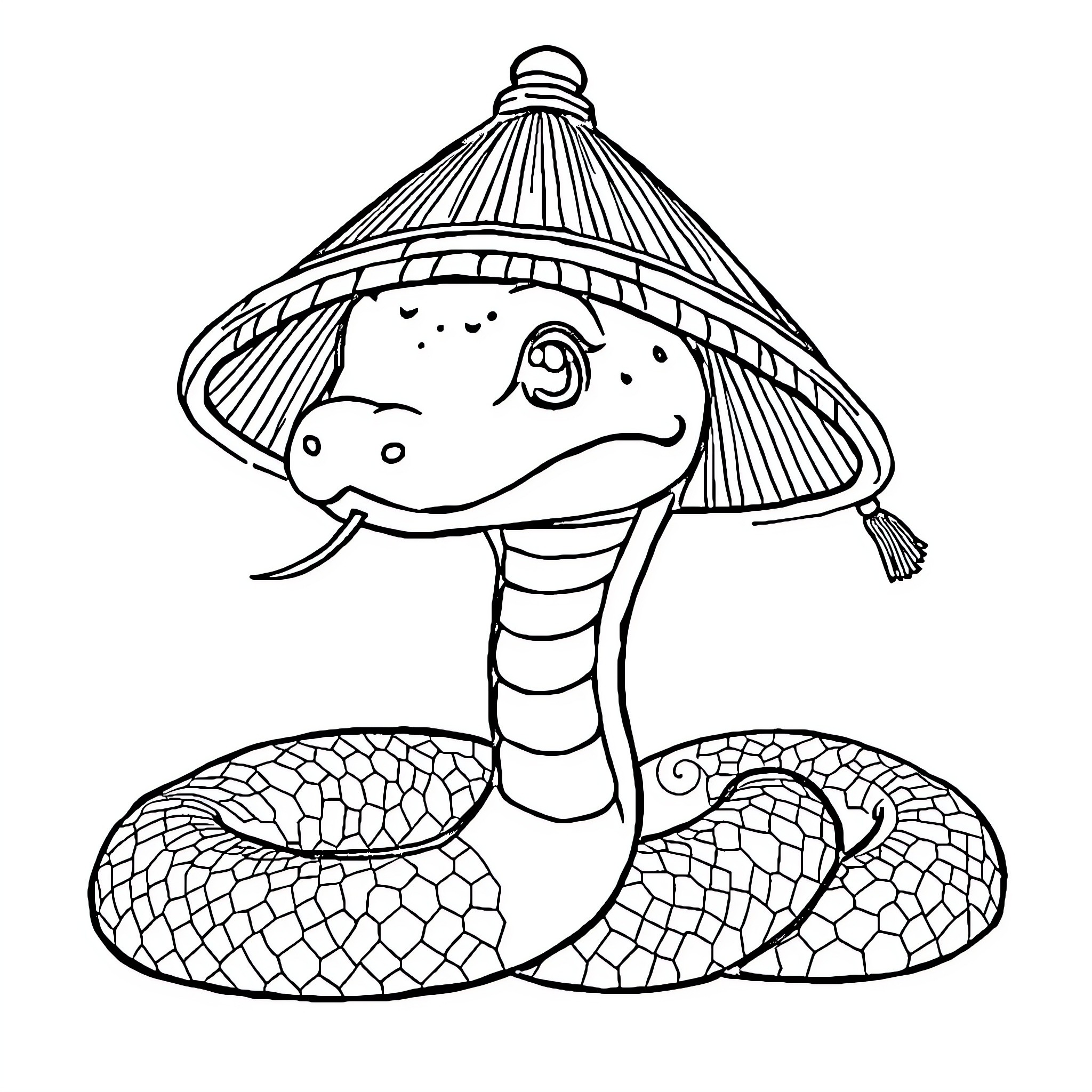 Snake wearing a straw hat Coloring Page (free black-and-white line drawing printable PDF for all, from beginners to advanced learners, including children, teens, adults, and seniors)