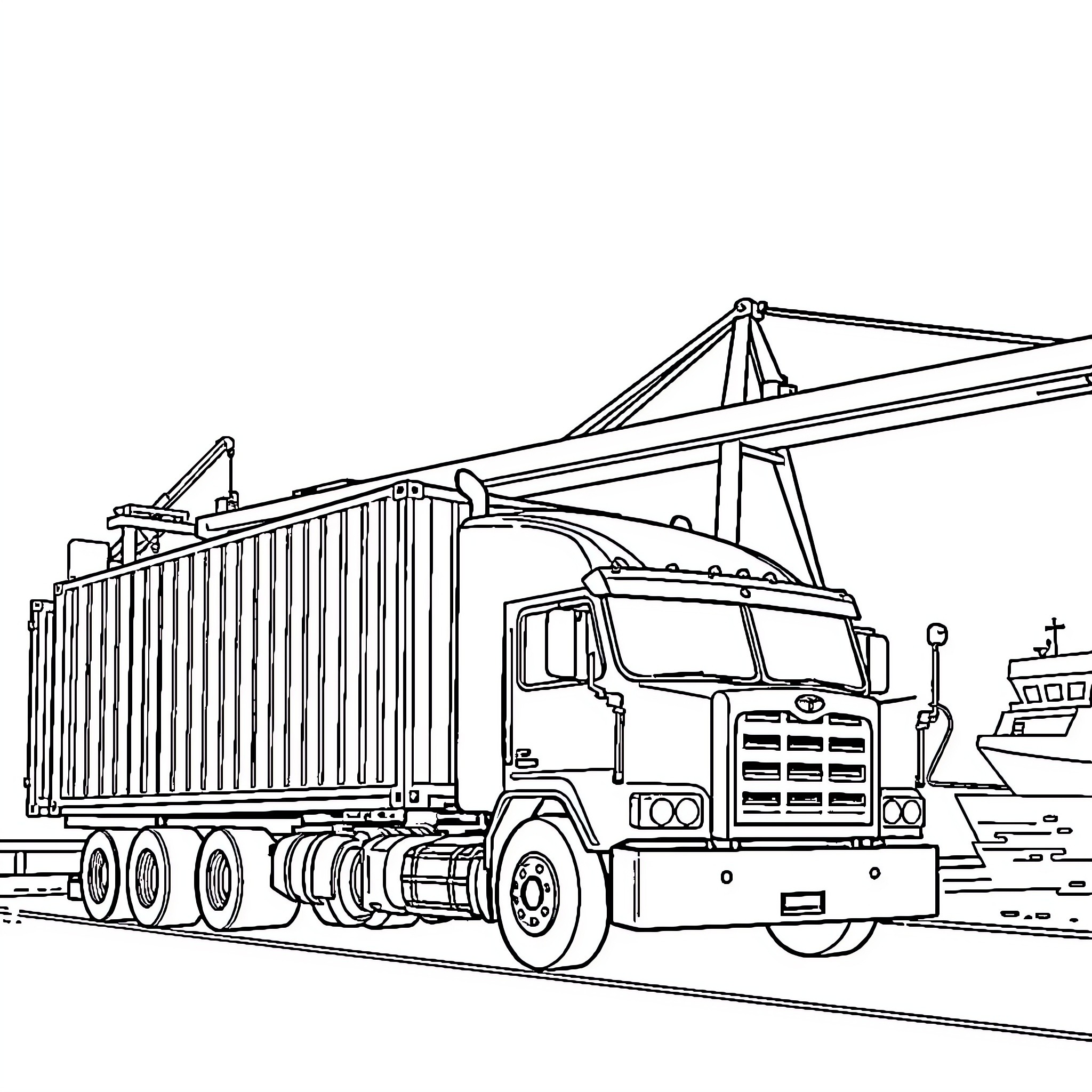 Truck hauling cargo container at dockyard Coloring Page (free black-and-white line drawing printable PDF for all, from beginners to advanced learners, including children, teens, adults, and seniors)