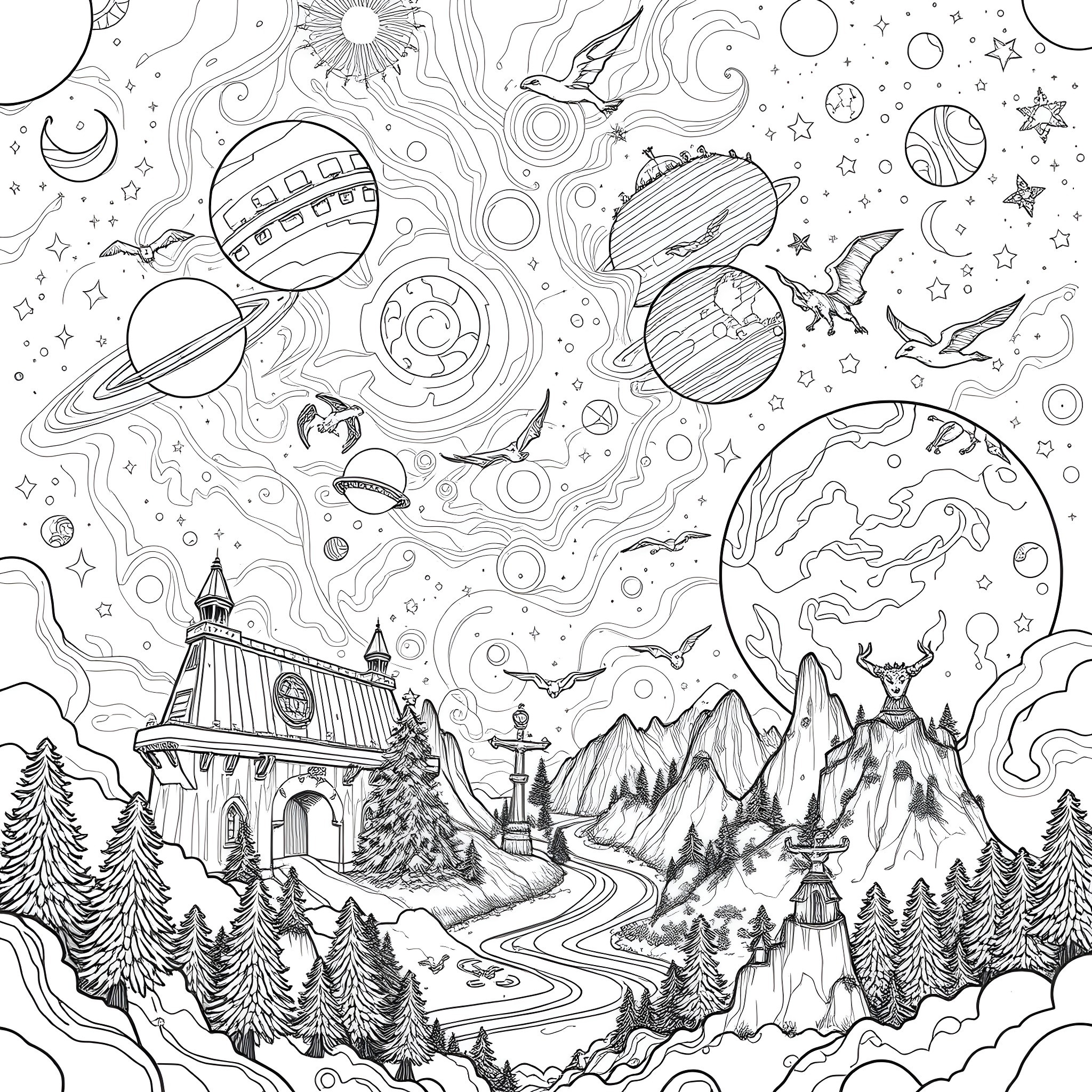 Galaxy of celestial wonders and cosmic landscapes Coloring Page (free black-and-white line drawing printable PDF for all, from beginners to advanced learners, including children, teens, adults, and seniors)