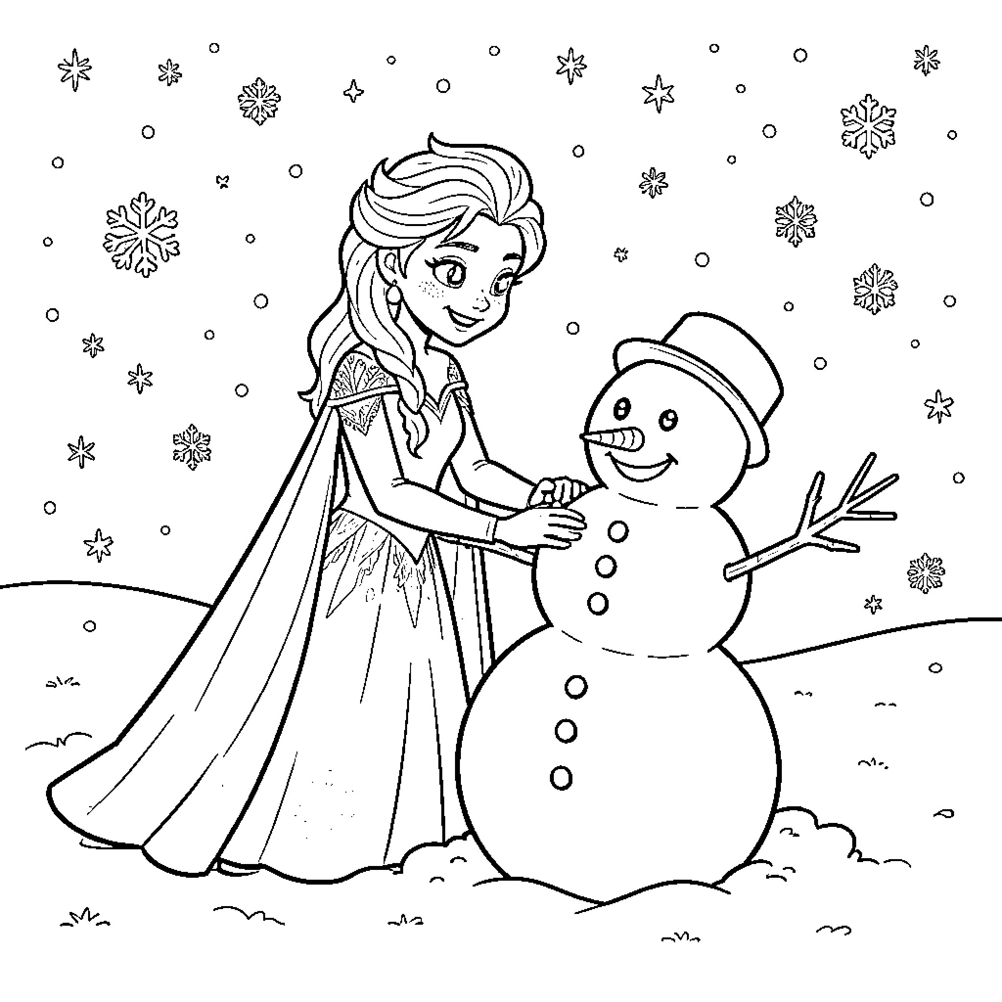 Princess Elsa building a snowman in winter wonderland Coloring Page (free black-and-white line drawing printable PDF for all, from beginners to advanced learners, including children, teens, adults, and seniors)