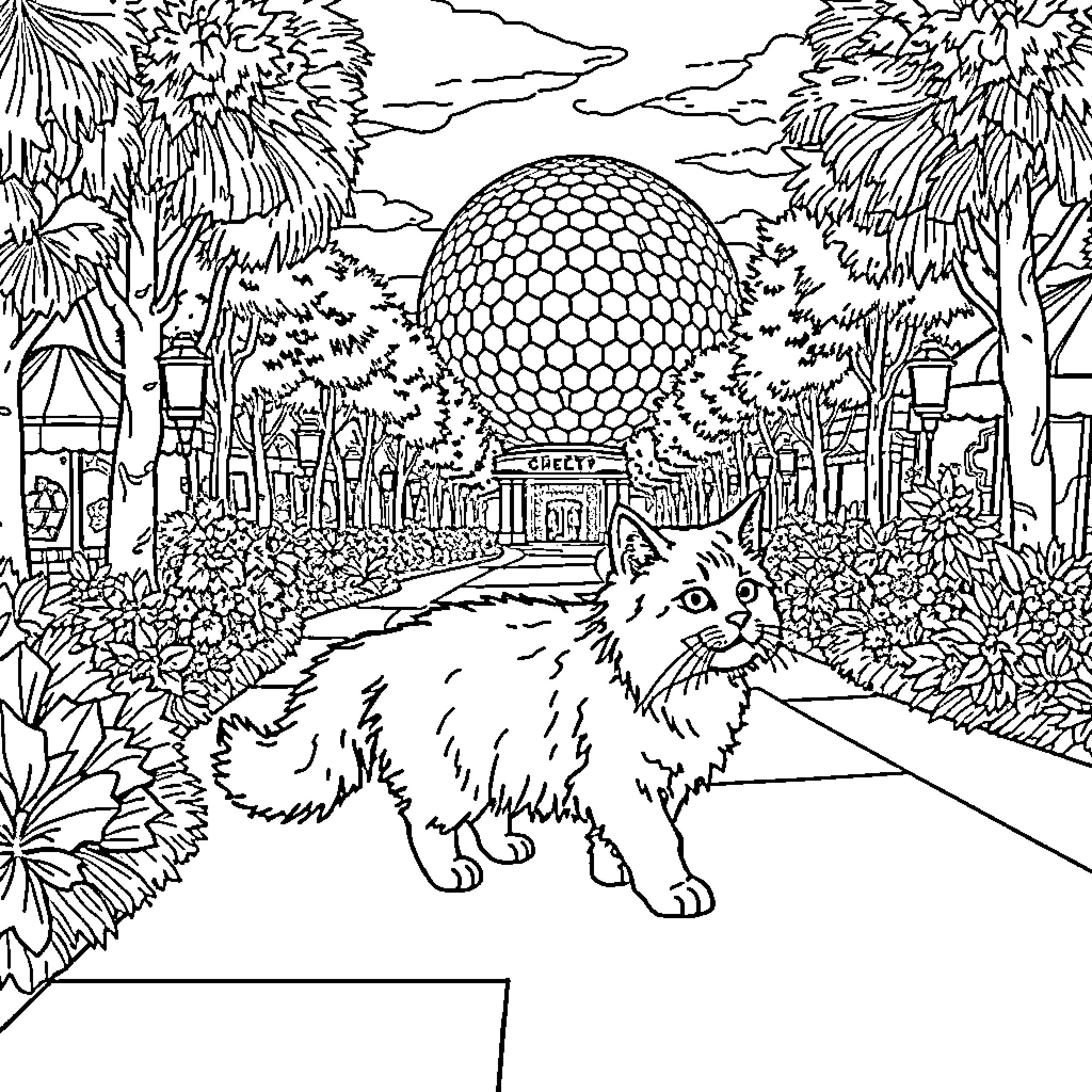 Cat exploring a futuristic landscape Coloring Page (free black-and-white line drawing printable PDF for all, from beginners to advanced learners, including children, teens, adults, and seniors)