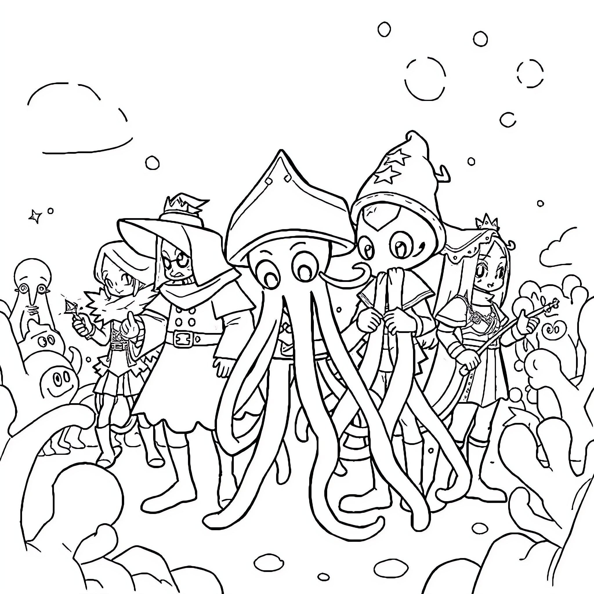 Squid characters in a whimsical fantasy scene Coloring Page (free black-and-white line drawing printable PDF for all, from beginners to advanced learners, including children, teens, adults, and seniors)