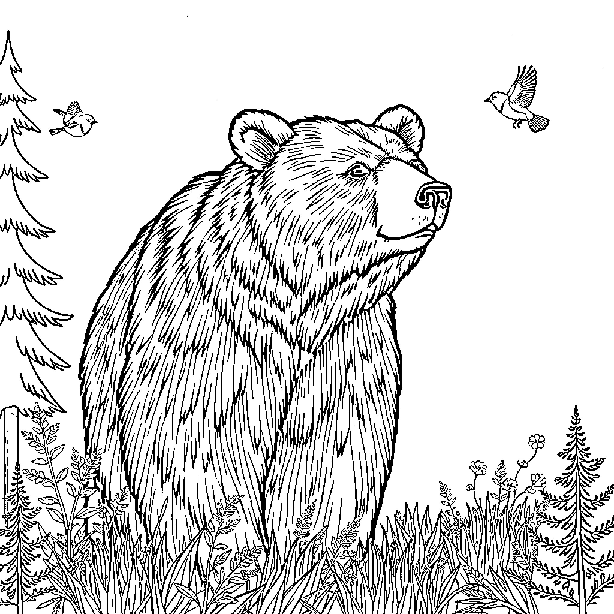 Bear in natural forest landscape Coloring Page (free black-and-white line drawing printable PDF for all, from beginners to advanced learners, including children, teens, adults, and seniors)