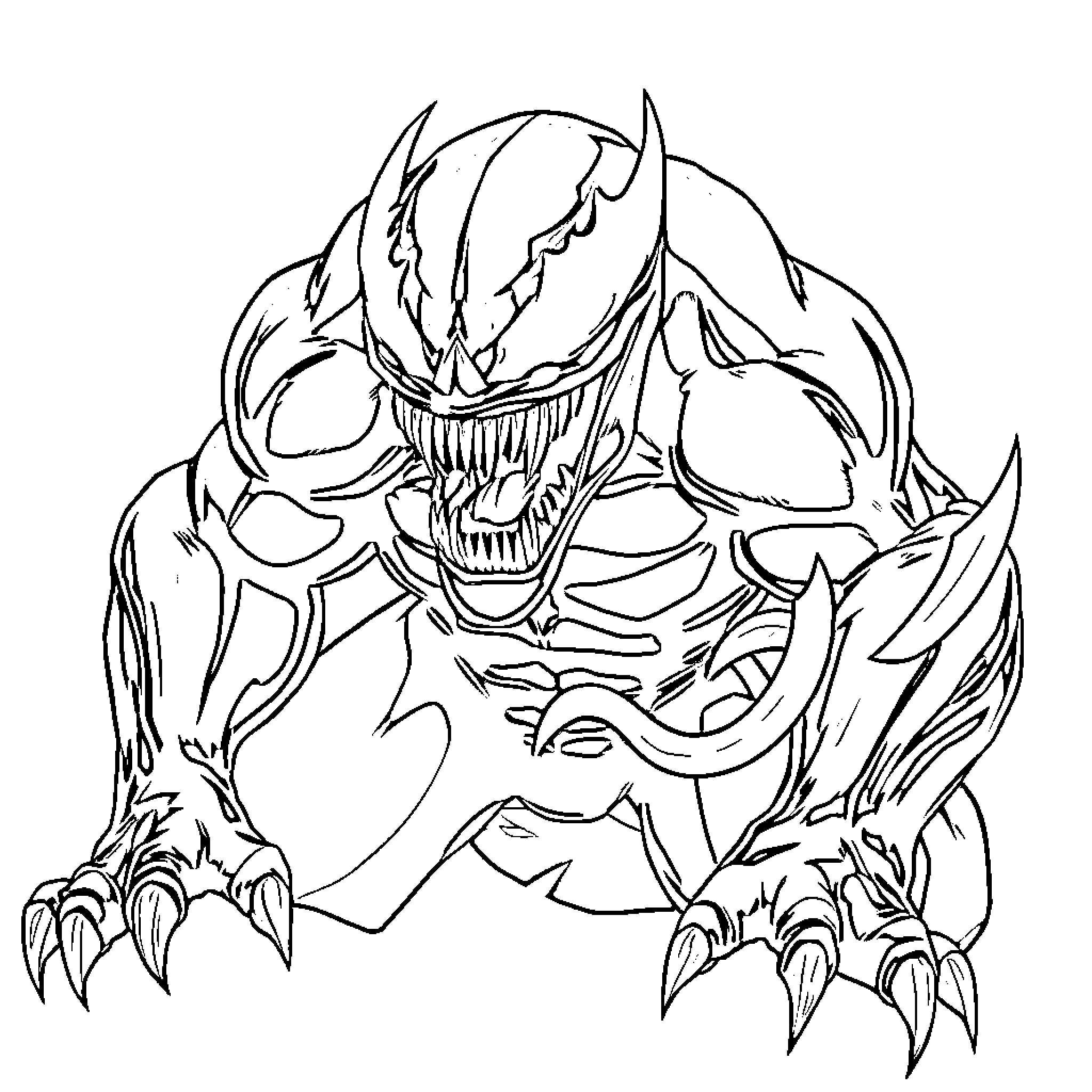 Venom - Ferocious Alien Symbiote Emerging Coloring Page (free black-and-white line drawing printable PDF for all, from beginners to advanced learners, including children, teens, adults, and seniors)