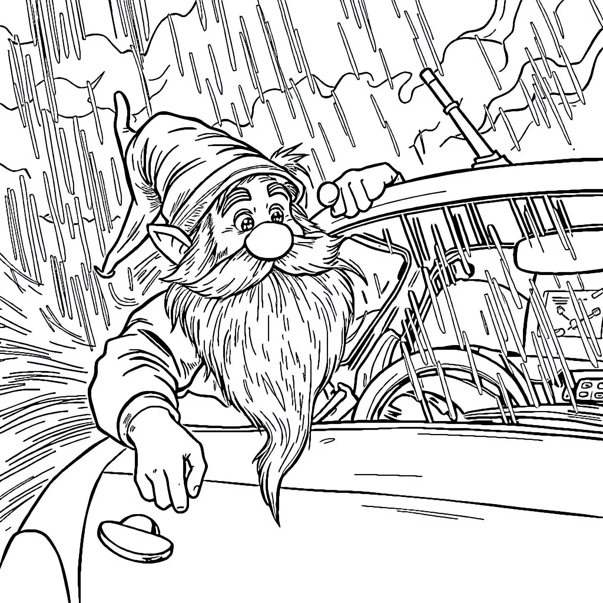 Dwarf gnome riding on a car during storm Coloring Page (free black-and-white line drawing printable PDF for all, from beginners to advanced learners, including children, teens, adults, and seniors)