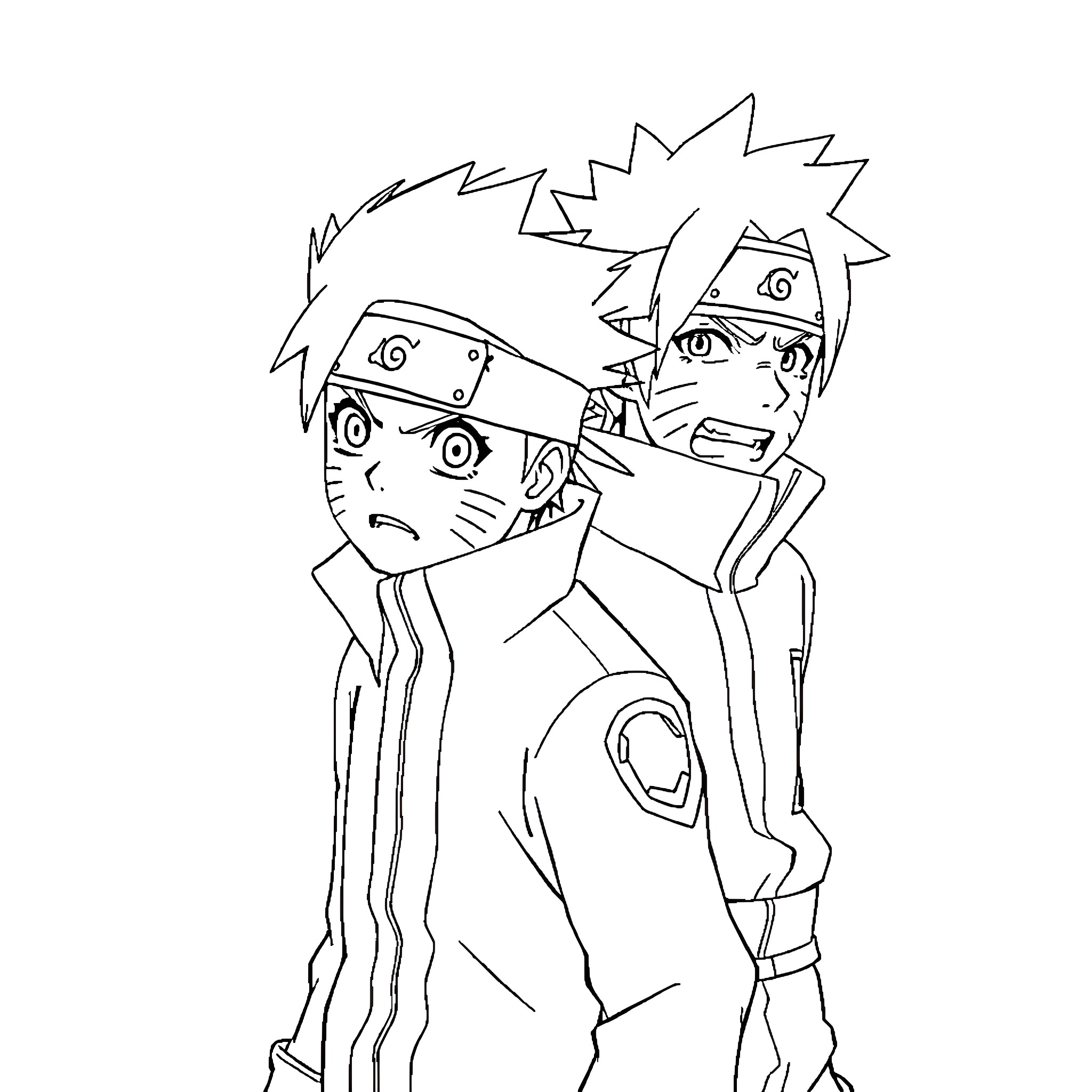 Naruto and Sasuke in action poses Coloring Page (free black-and-white line drawing printable PDF for all, from beginners to advanced learners, including children, teens, adults, and seniors)
