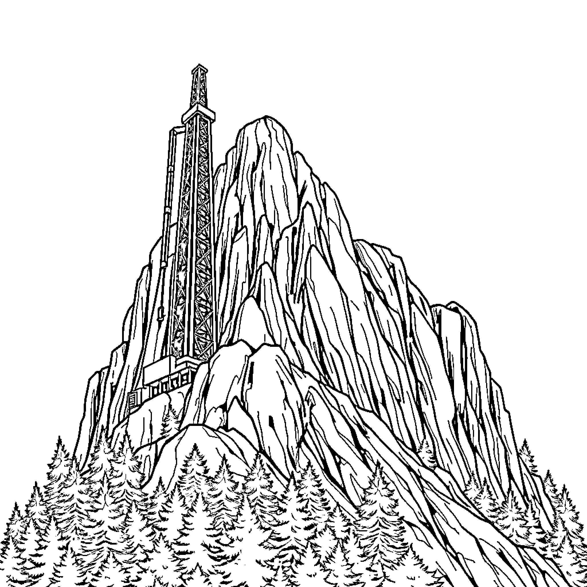 Drill Rig Towering Over Rugged Mountain Landscape Coloring Page (free black-and-white line drawing printable PDF for all, from beginners to advanced learners, including children, teens, adults, and seniors)
