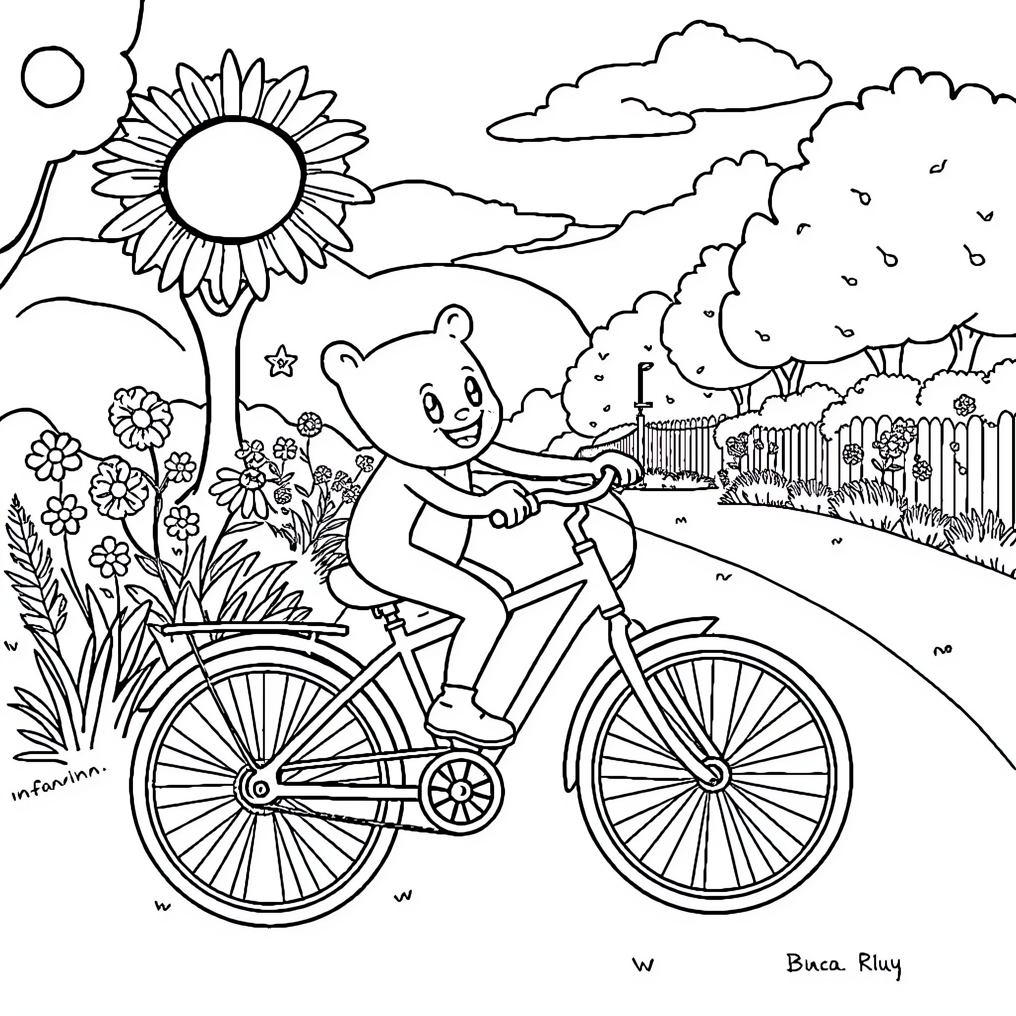 Bluey's Bicycle Adventure in the Countryside Coloring Page (free black-and-white line drawing printable PDF for all, from beginners to advanced learners, including children, teens, adults, and seniors)