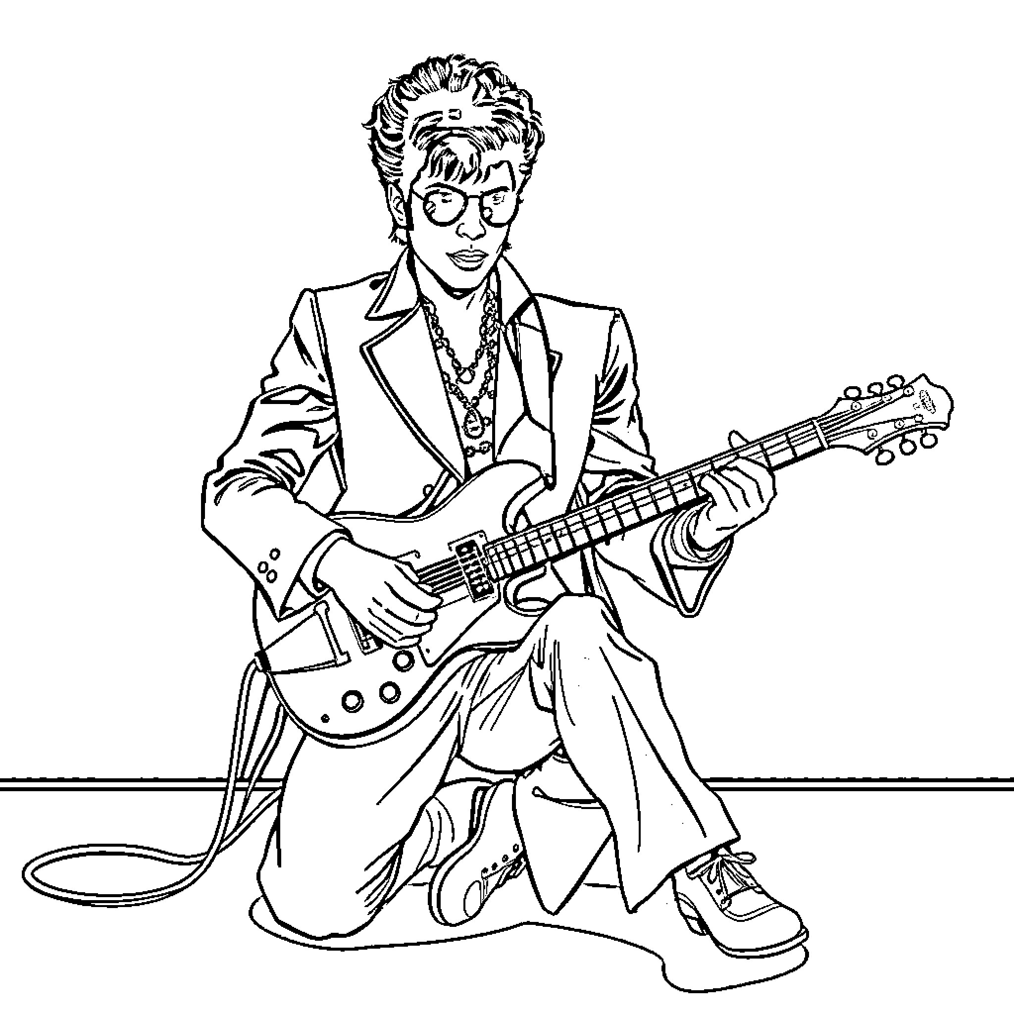 Prince performing on stage with electric guitar Coloring Page (free black-and-white line drawing printable PDF for all, from beginners to advanced learners, including children, teens, adults, and seniors)