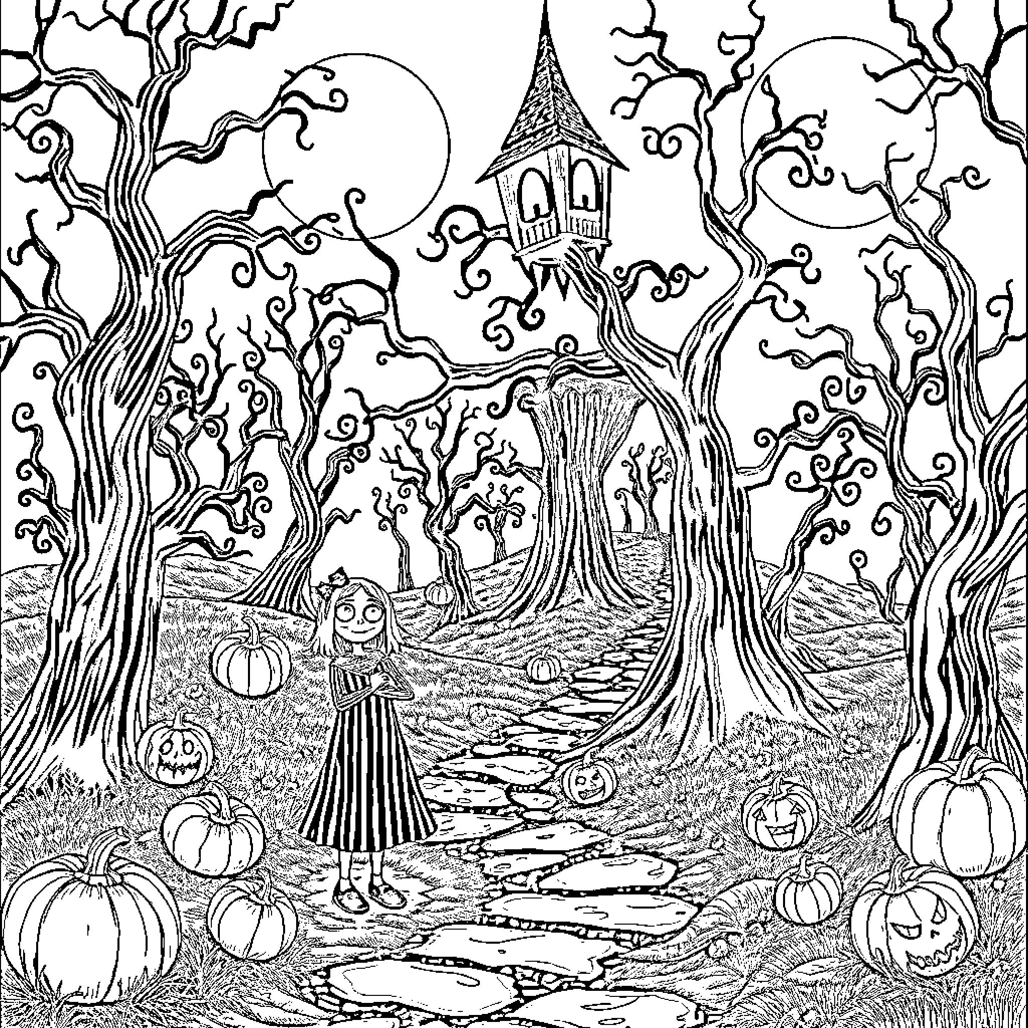 Wednesday Spooky Halloween Scene with Haunted House Coloring Page (free black-and-white line drawing printable PDF for all, from beginners to advanced learners, including children, teens, adults, and seniors)