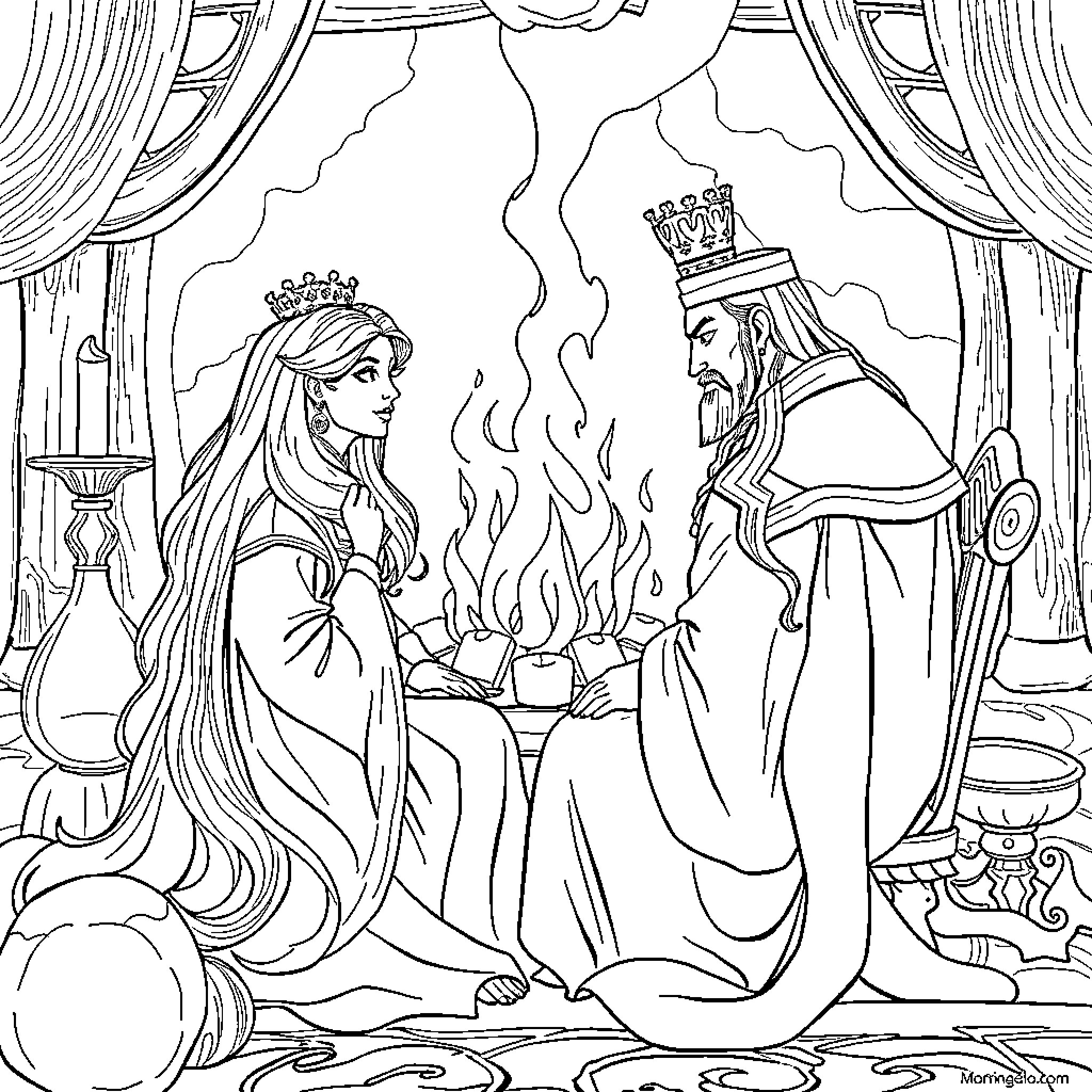 Empress and King Discussing Important Matters Coloring Page (free black-and-white line drawing printable PDF for all, from beginners to advanced learners, including children, teens, adults, and seniors)