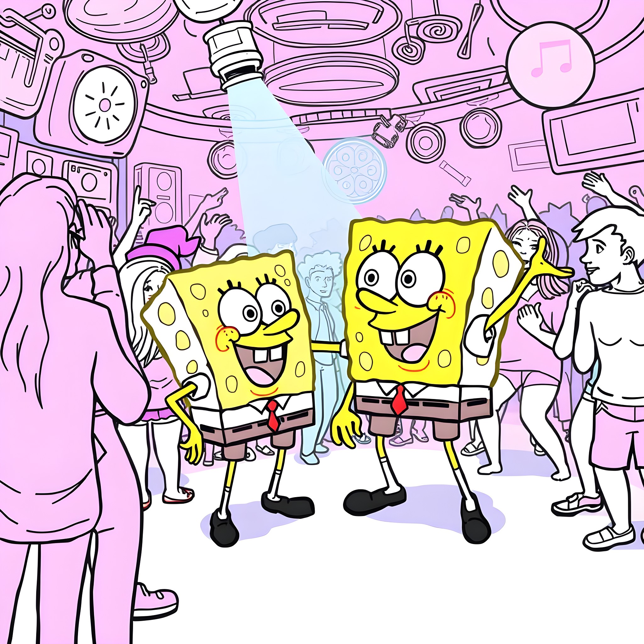 Spongebob and friends in a zany, cartoon-inspired scene Coloring Page (free black-and-white line drawing printable PDF for all, from beginners to advanced learners, including children, teens, adults, and seniors)