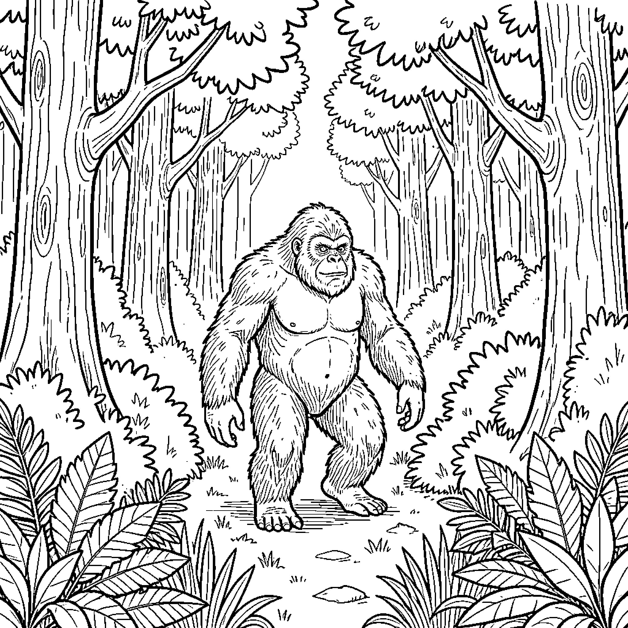 Sasquatch roaming the mysterious forest Coloring Page (free black-and-white line drawing printable PDF for all, from beginners to advanced learners, including children, teens, adults, and seniors)